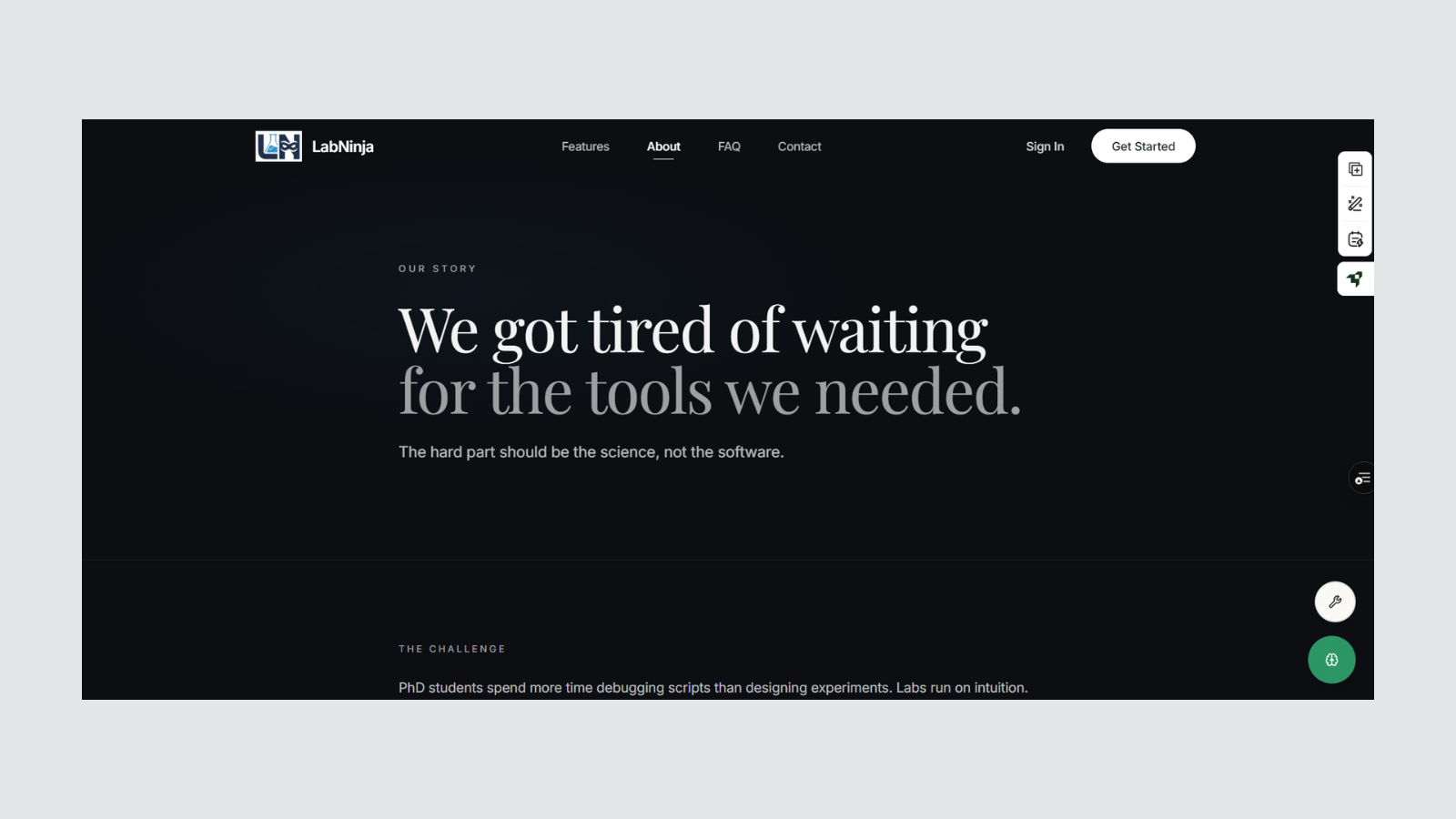 A screenshot of the About Page for LabNinja, a lab intelligence platform designed to stop informal research knowledge from disappearing.