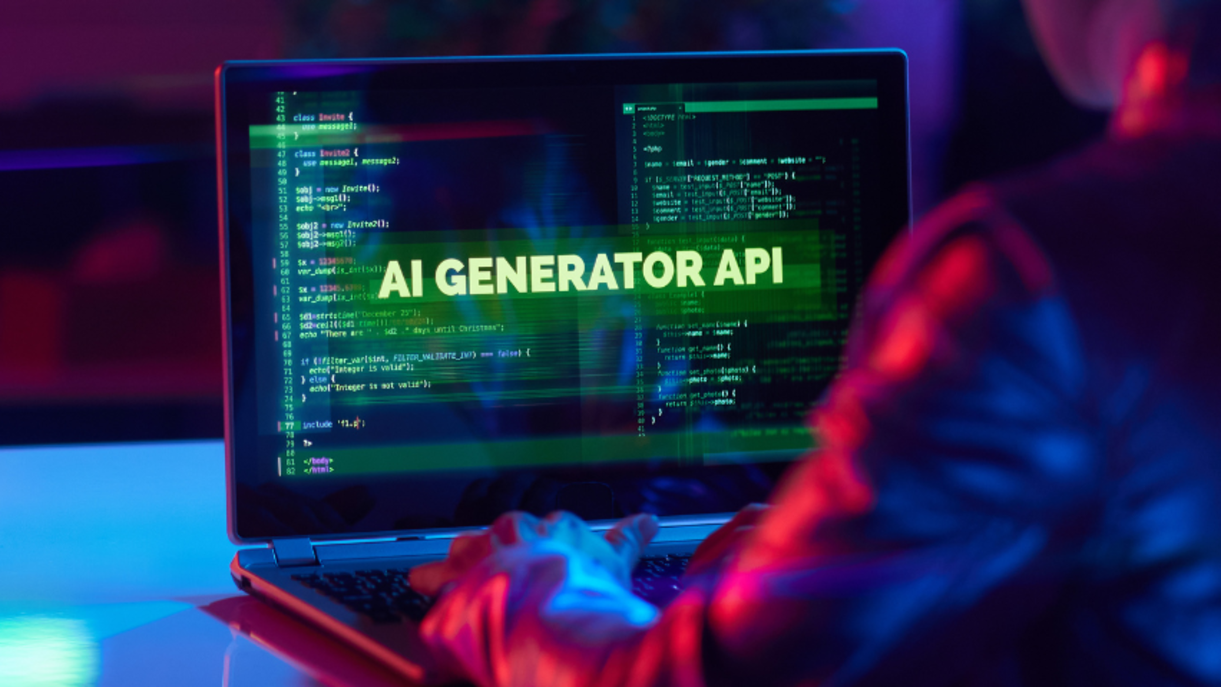 A stock image of a laptop screen in a dark room that says AI Generator API.