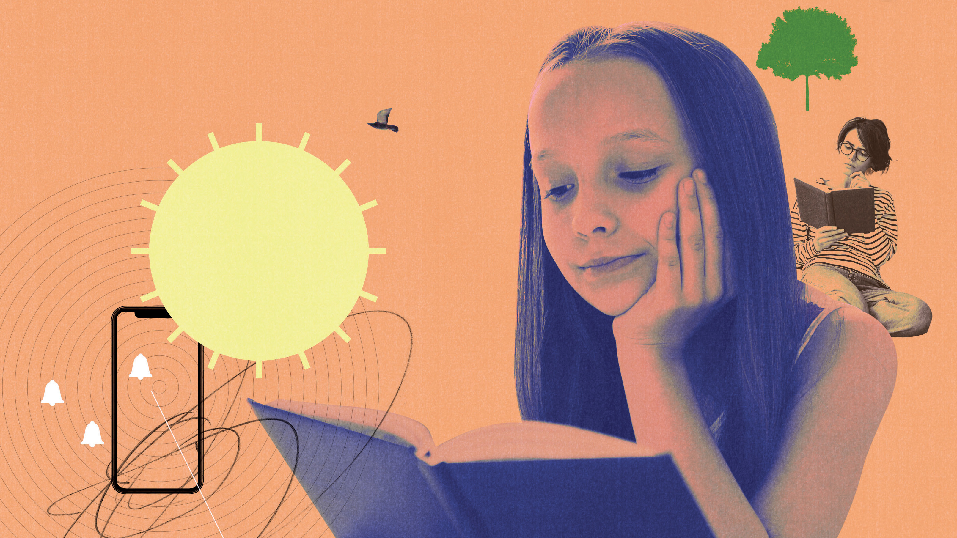Collage of a girl reading a book, with a sun and phone screens in the background.