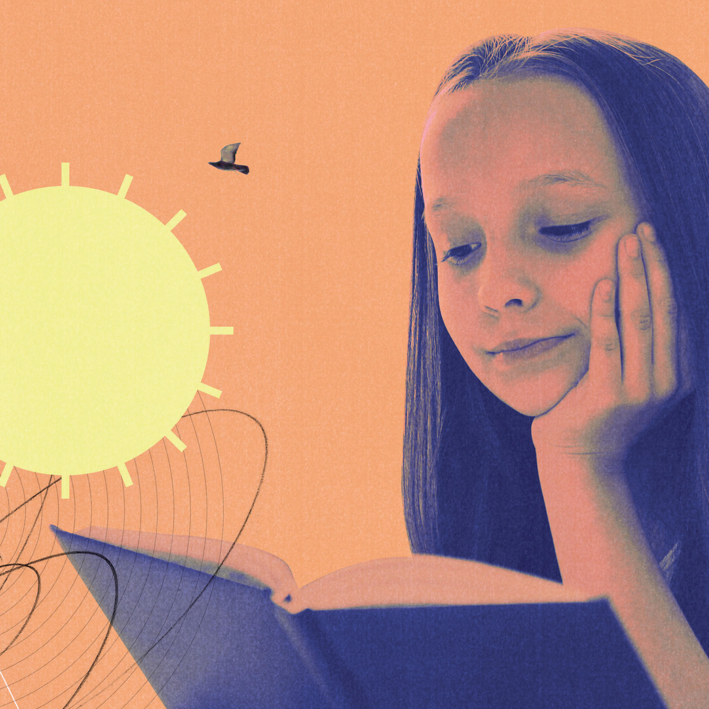 Collage of a girl reading a book, with a sun and phone screens in the background.