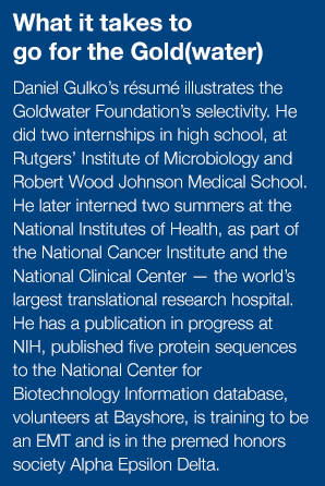 Text box describing how Daniel Gulko did two internships in high school, two more afterward, is publishing a paper with NIH and his other premed activities.