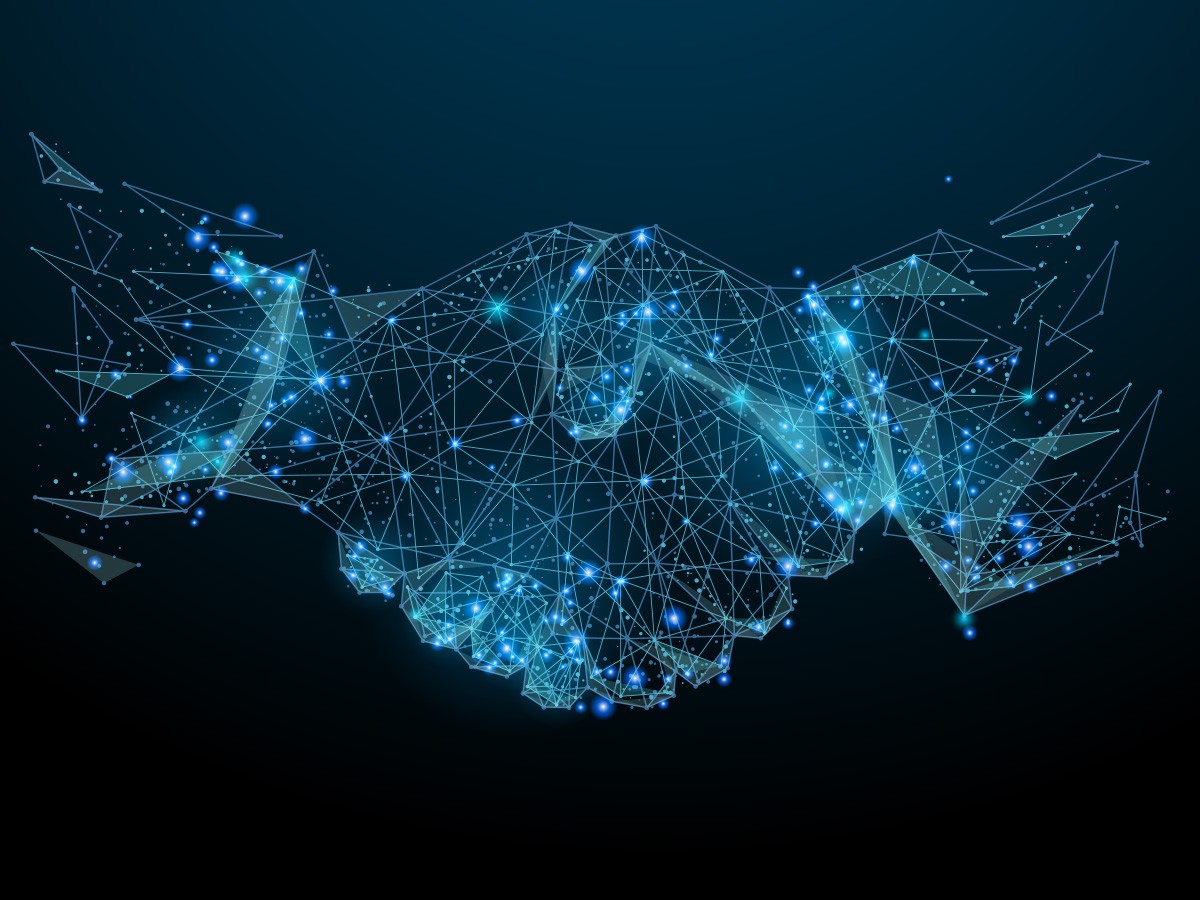 an image of two hands in a handshake grip, overlayed by digital scheme