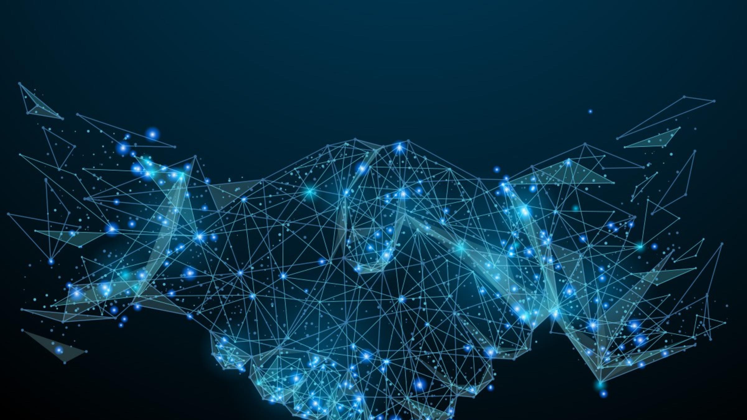 an image of two hands in a handshake grip, overlayed by digital scheme