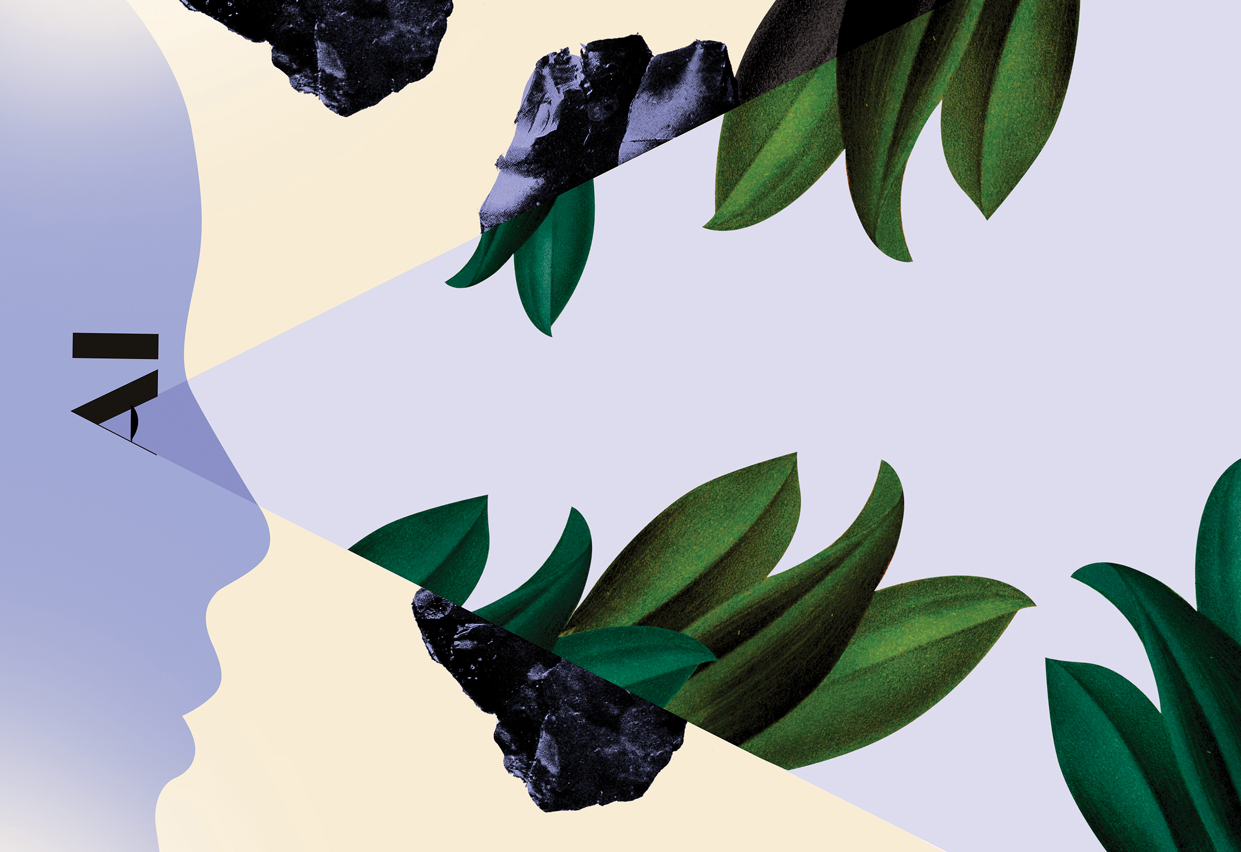 Collage of face with the letters "AI" as the eyes