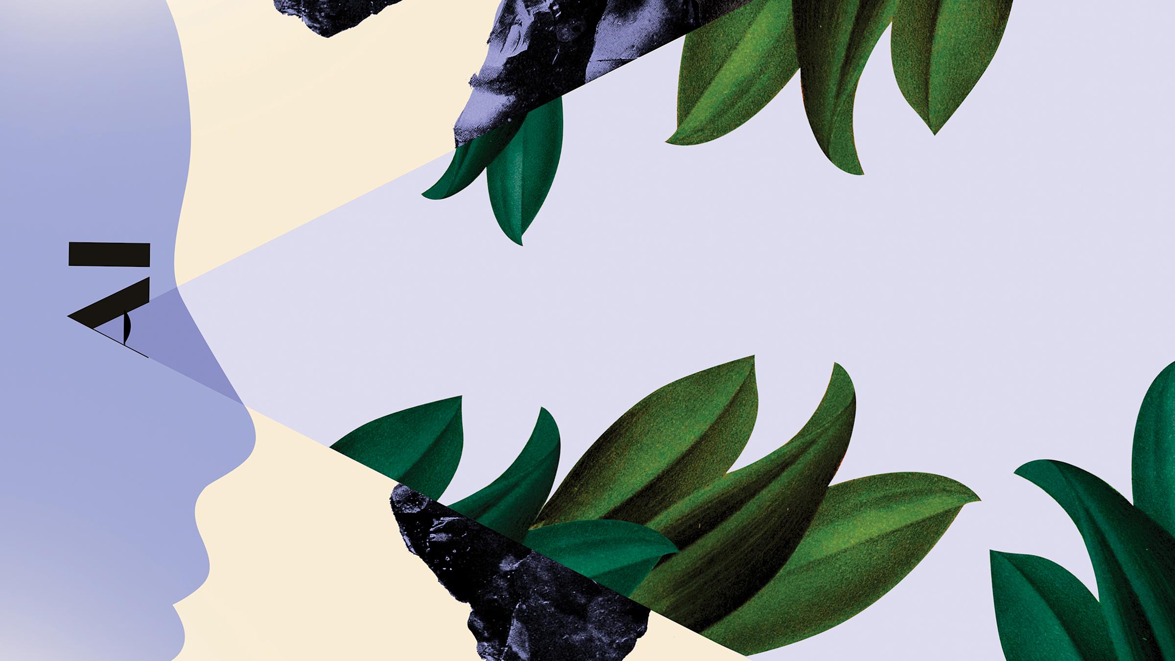 Collage of face with the letters "AI" as the eyes