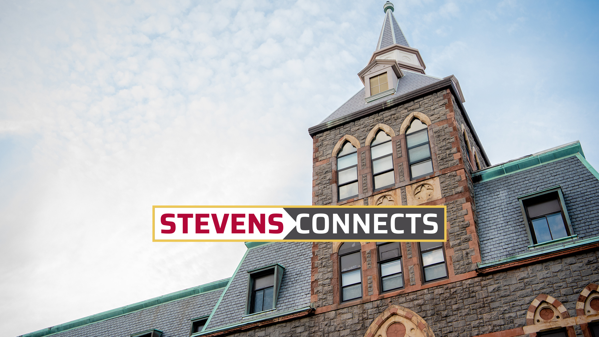 Image of Stevens EAS building with Stevens Connects logo