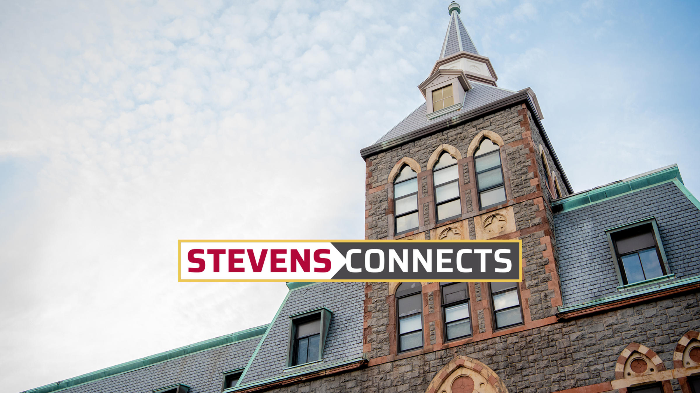 Image of Stevens EAS building with Stevens Connects logo