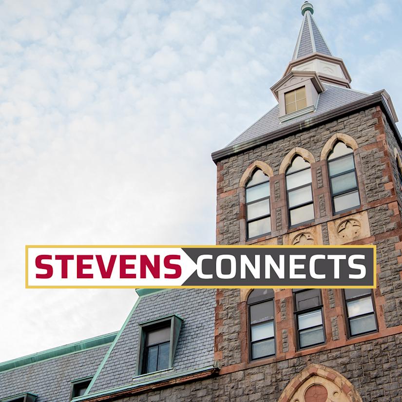 Image of Stevens EAS building with Stevens Connects logo