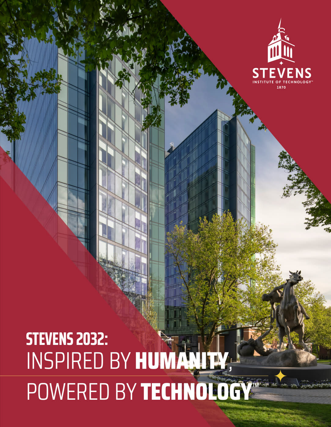 Cover to the Strategic Plan, with Stevens logo and text that reads "2032: Inspired by Humanity, Powered by Technology."