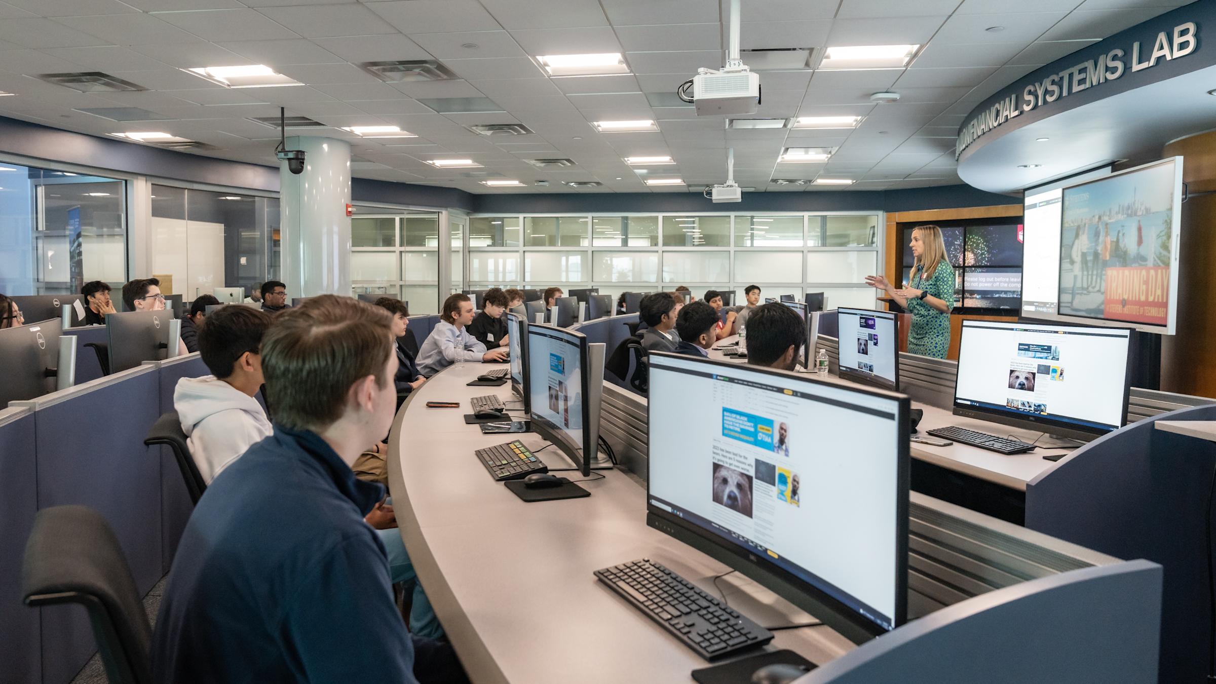 High school students in Hanlon Financial Lab