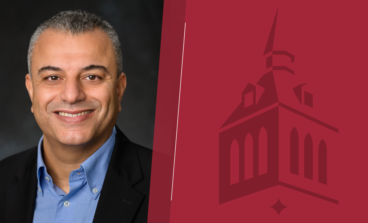 Graphic design with a portrait of Marouane Temimi on the left and a Stevens Institute of Technology logo on the right separated by a thin white line on a dark red background.