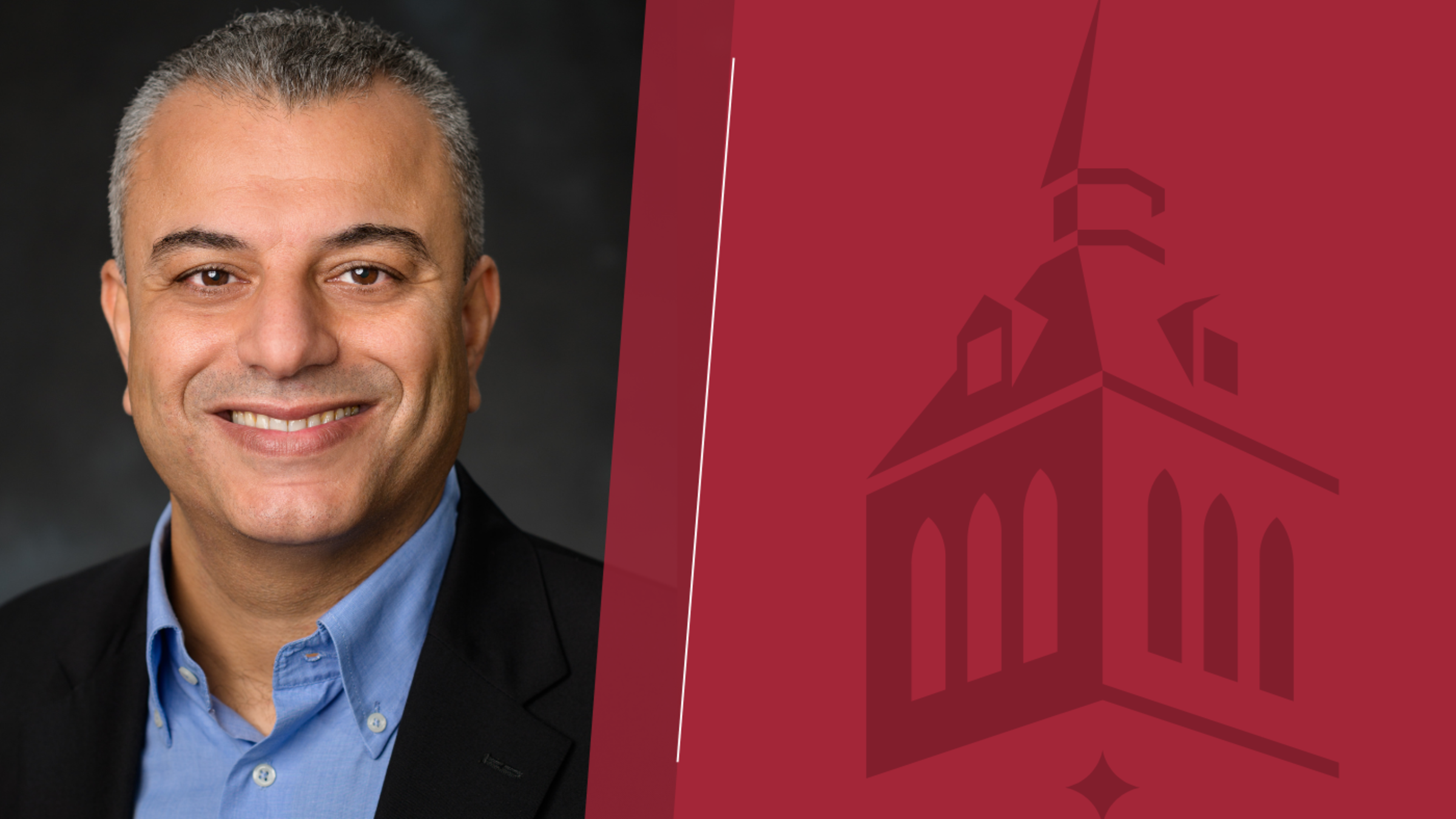 Graphic design with a portrait of Marouane Temimi on the left and a Stevens Institute of Technology logo on the right separated by a thin white line on a dark red background.