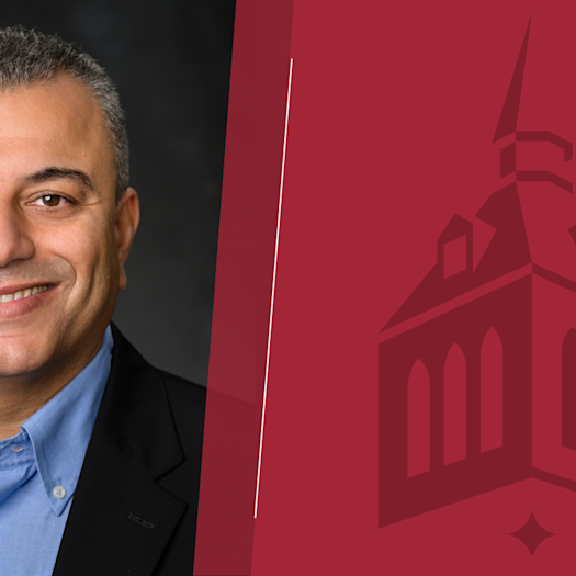 Graphic design with a portrait of Marouane Temimi on the left and a Stevens Institute of Technology logo on the right separated by a thin white line on a dark red background.