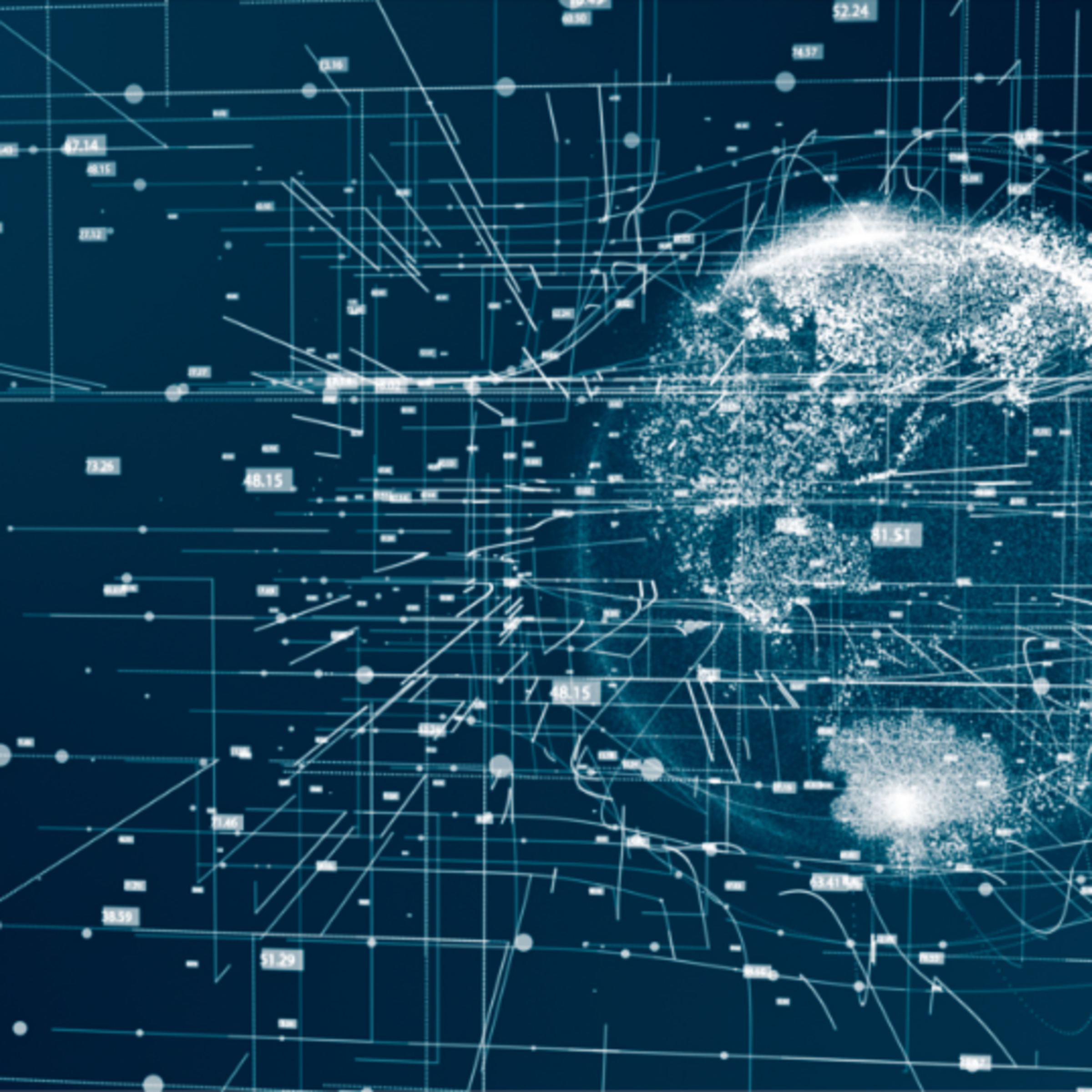 A glowing abstract representation of the Earth is depicted in a digital network of lines and data points against a dark blue background.