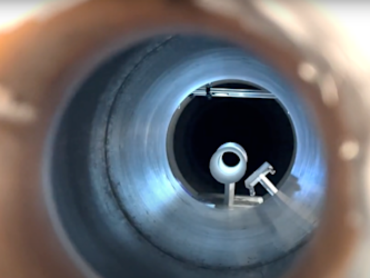 A photograph pointing down the tunnel of the Stevens Shock Tunnel.
