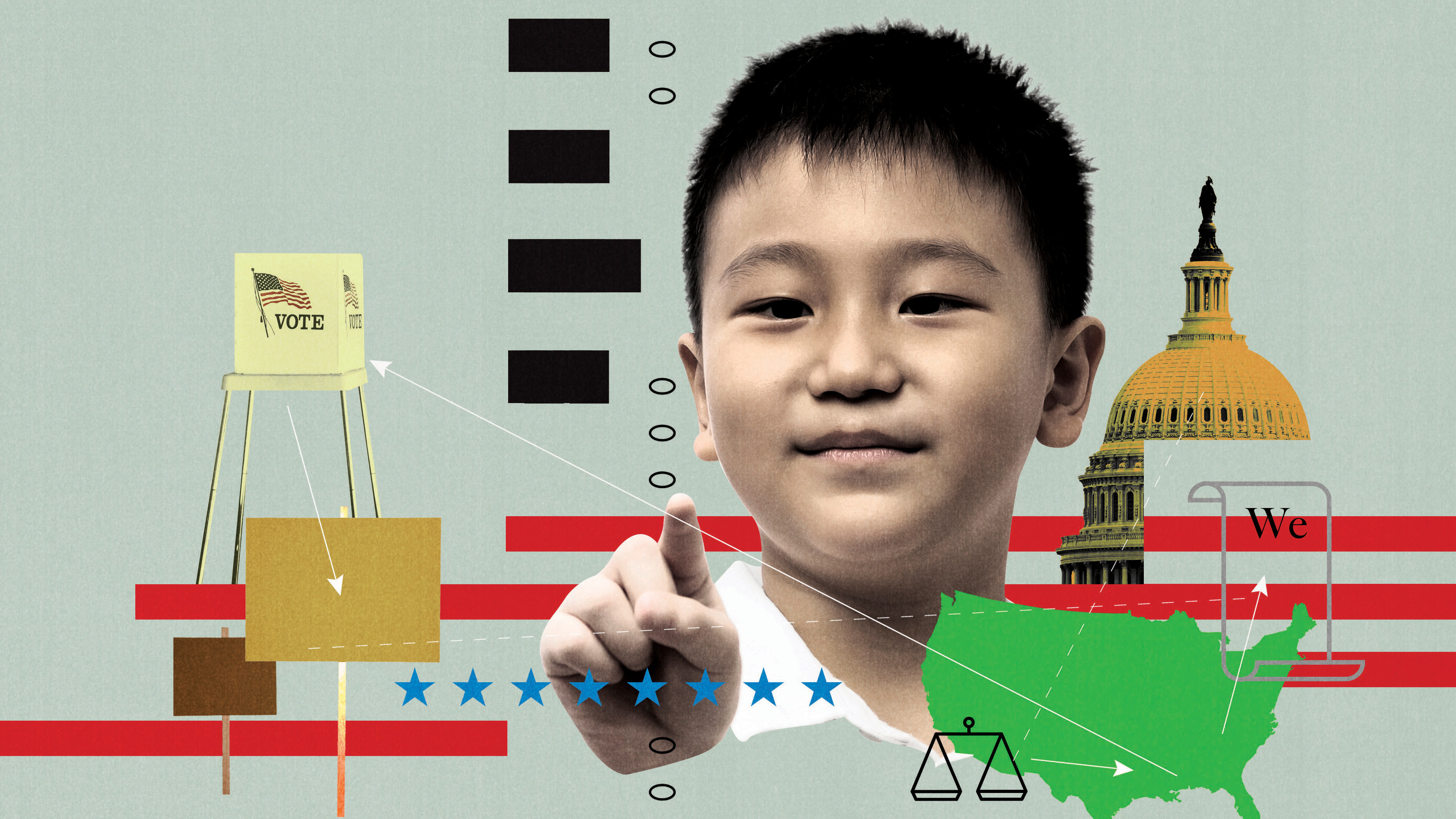 Collage of a boy amidst American voting symbols
