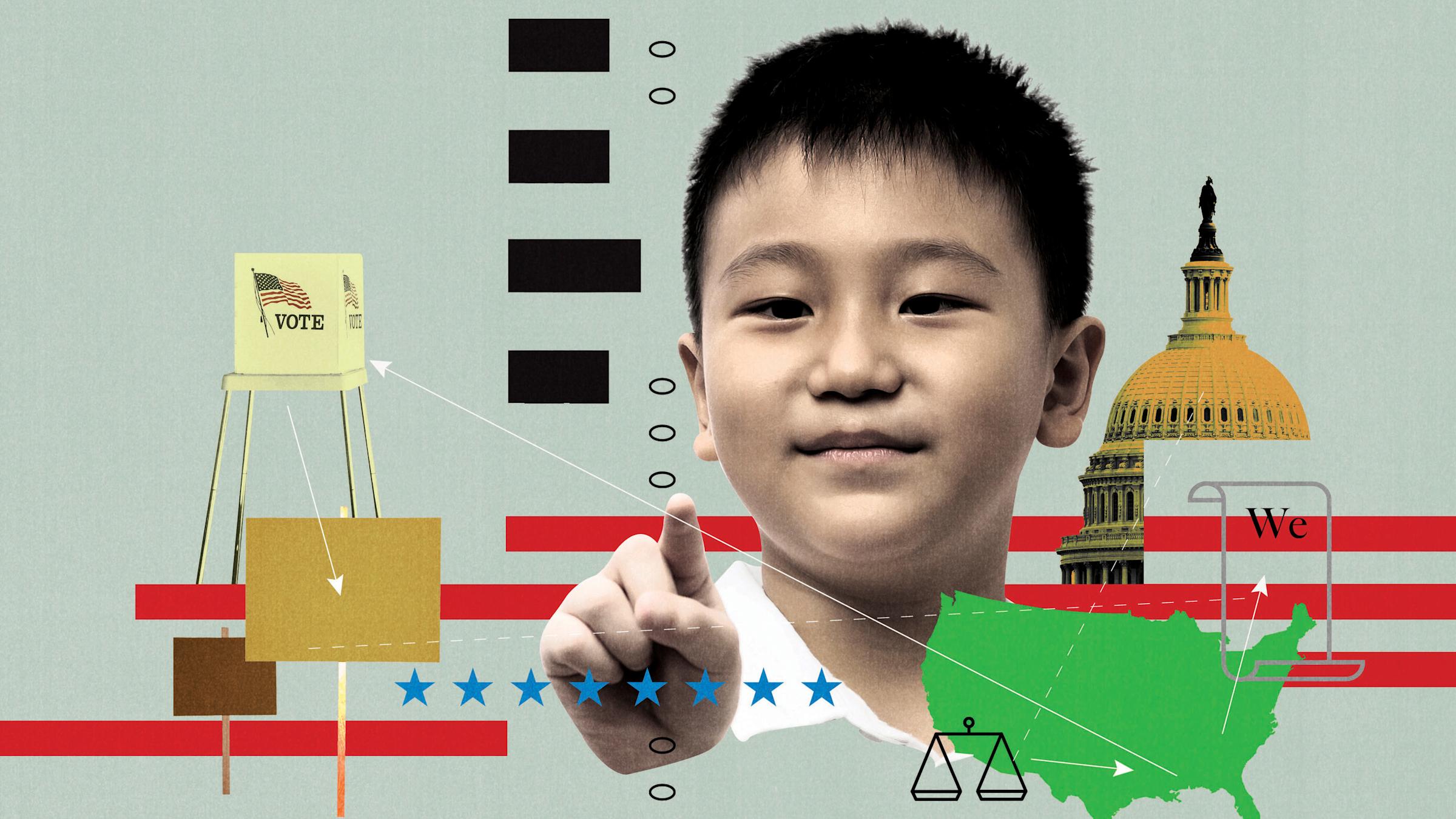 Collage of a boy amidst American voting symbols