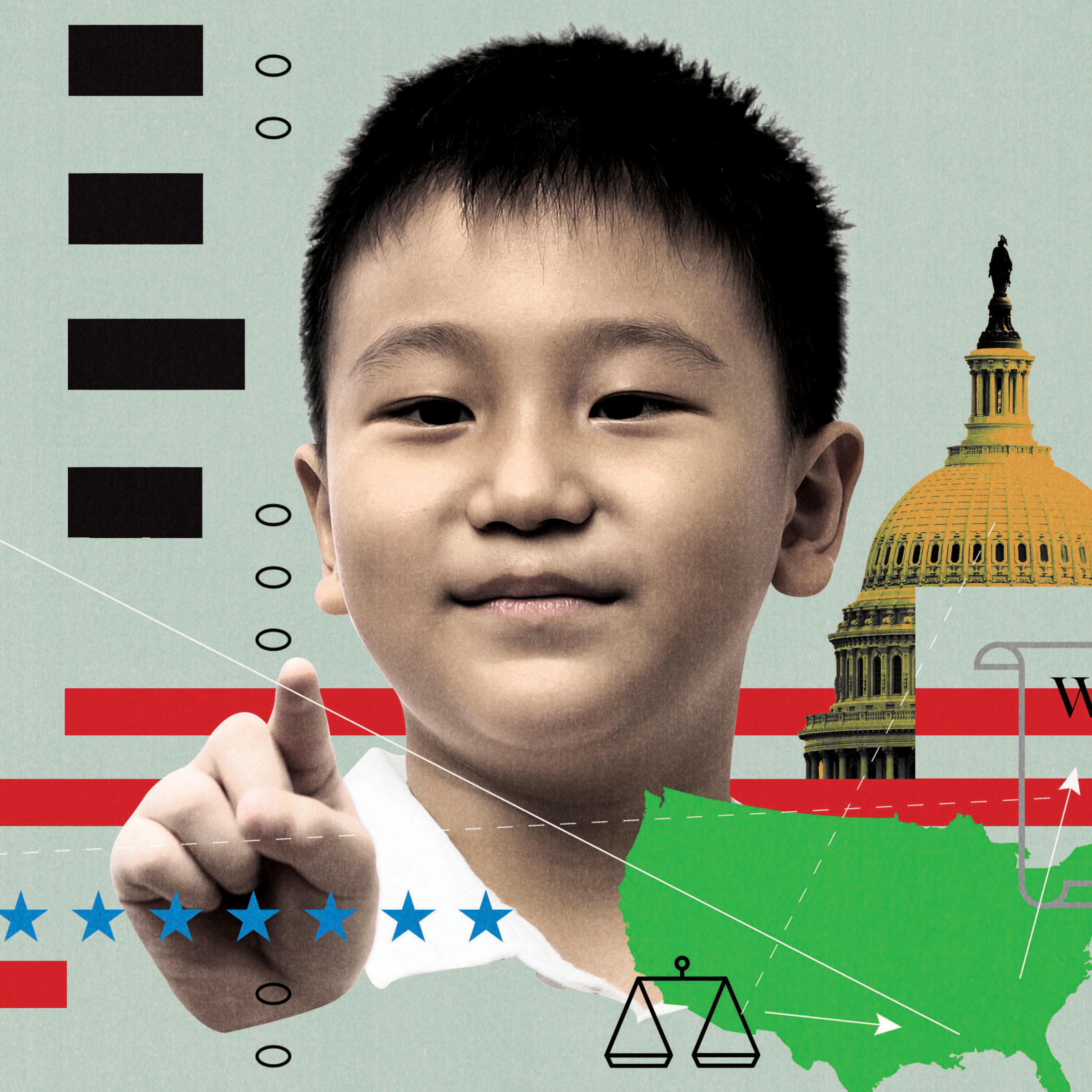 Collage of a boy amidst American voting symbols