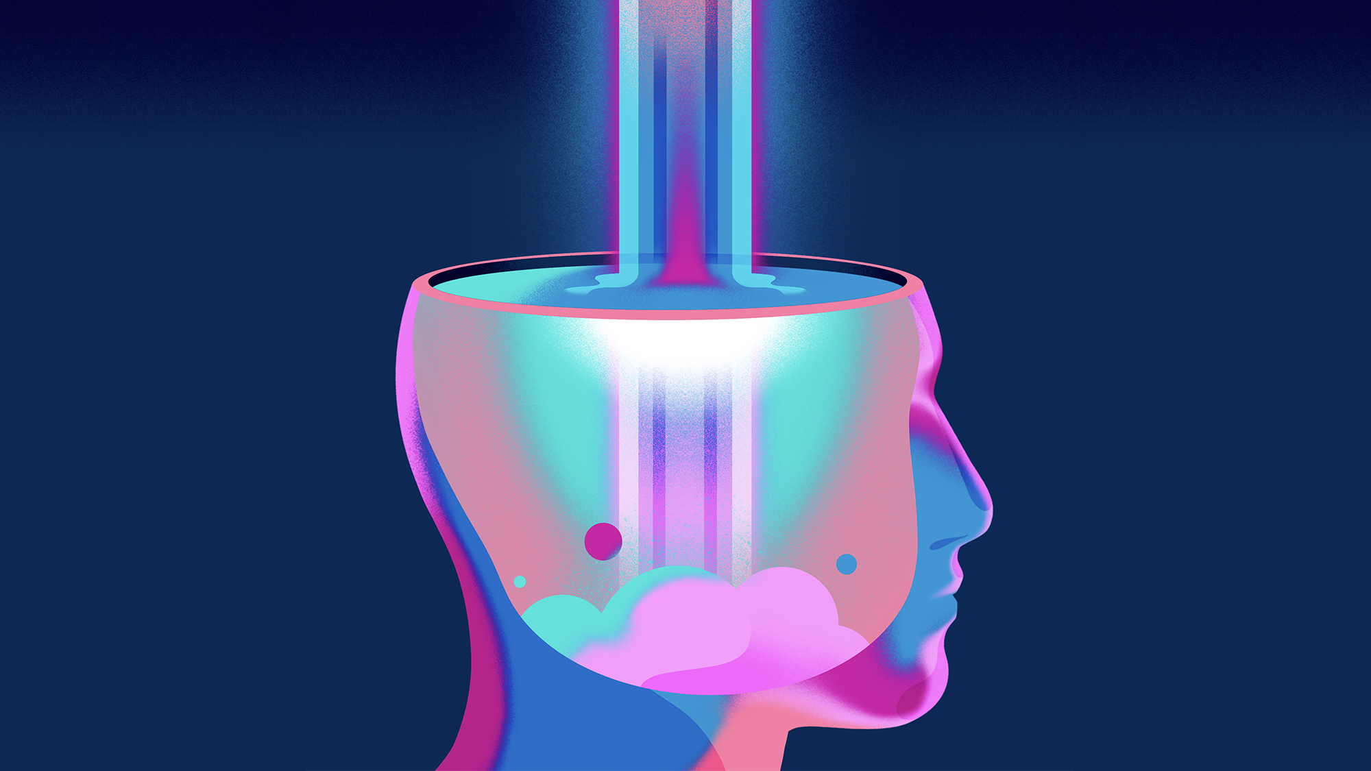 Illustration of a stylized head with information pouring in.