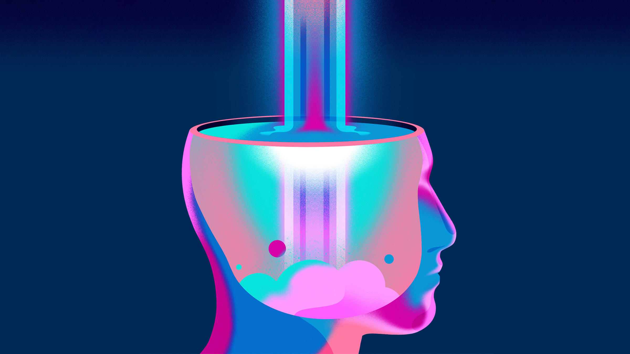 Illustration of a stylized head with information pouring in.