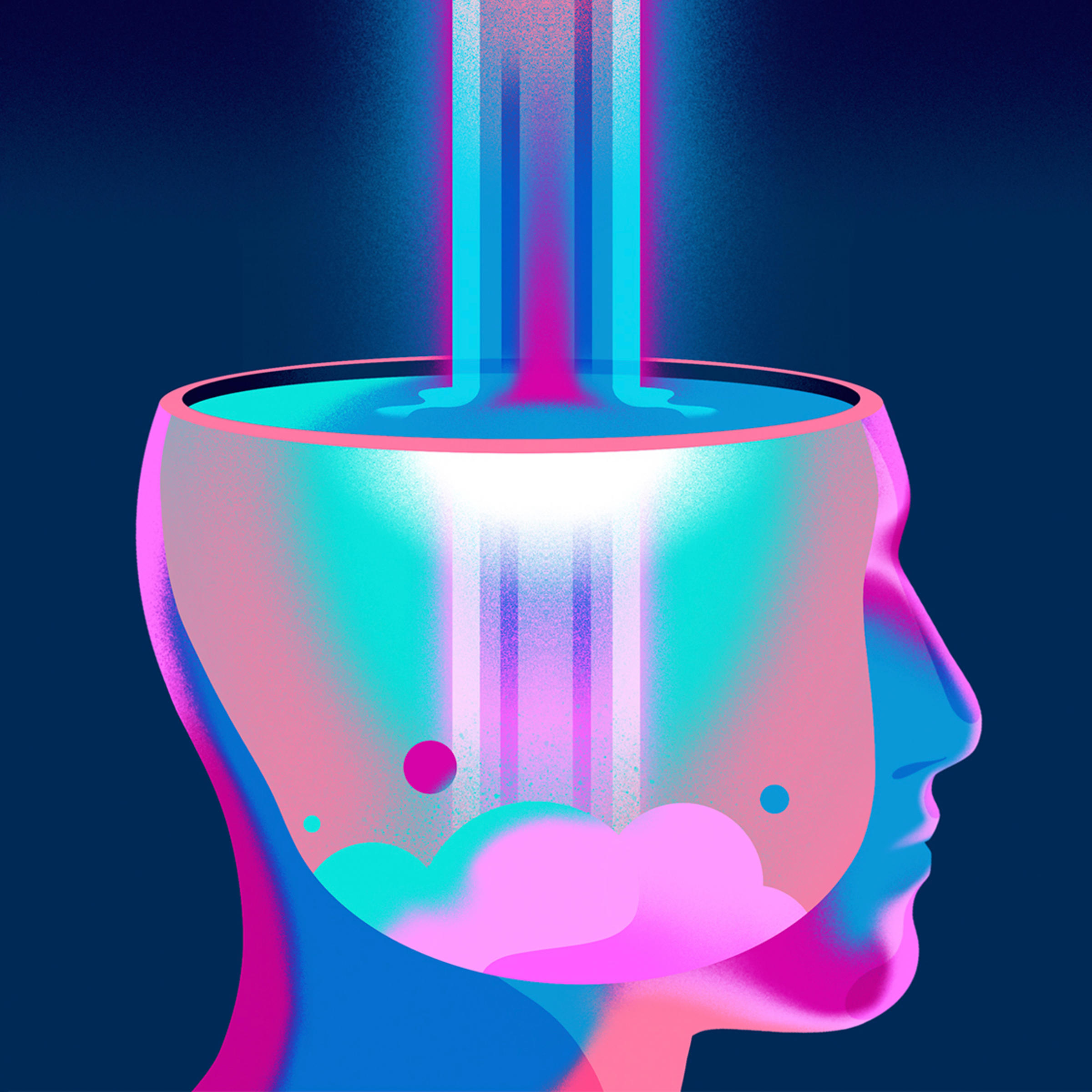 Illustration of a stylized head with information pouring in.