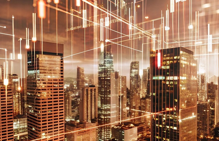 Graphic of city buildings and red lights 