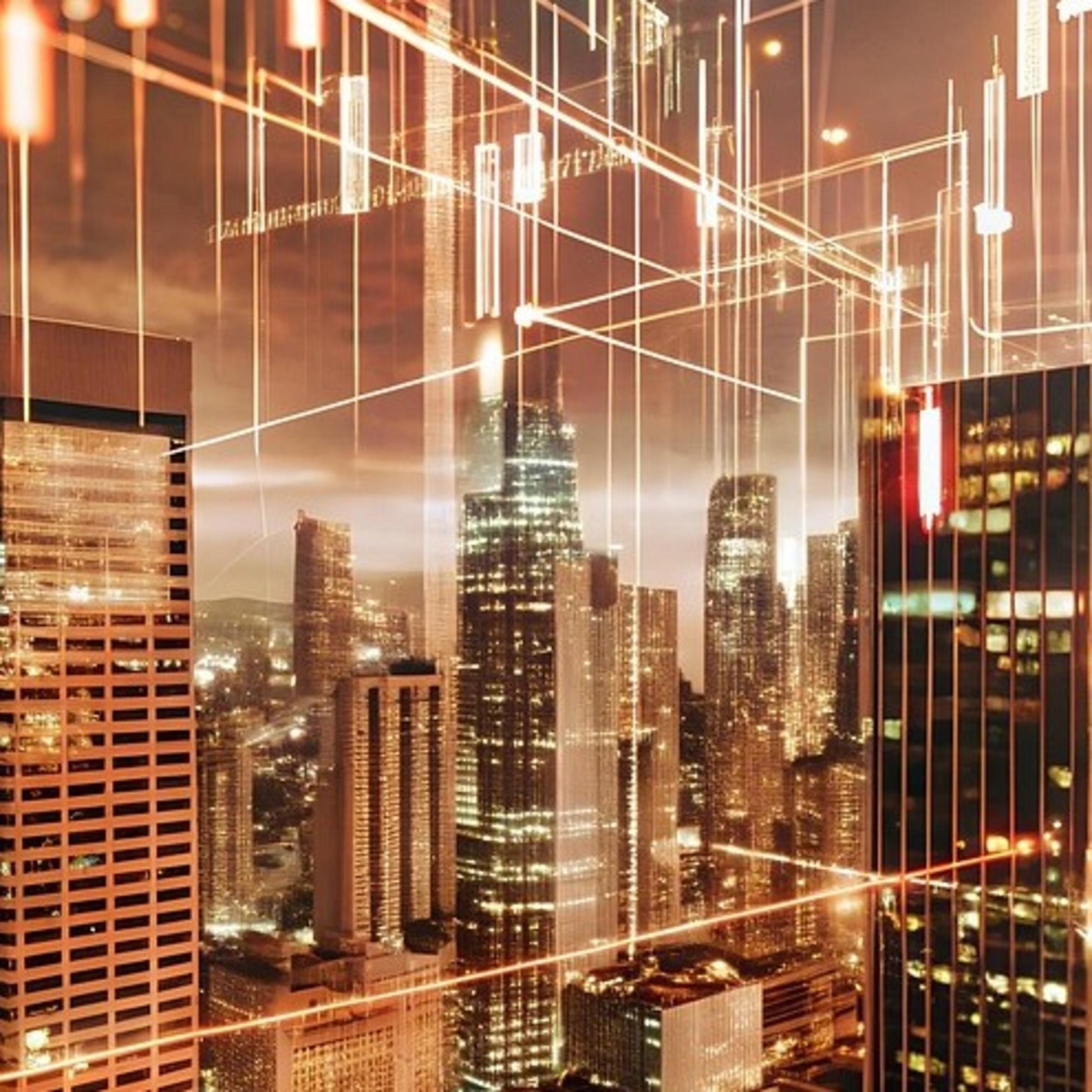 Graphic of city buildings and red lights