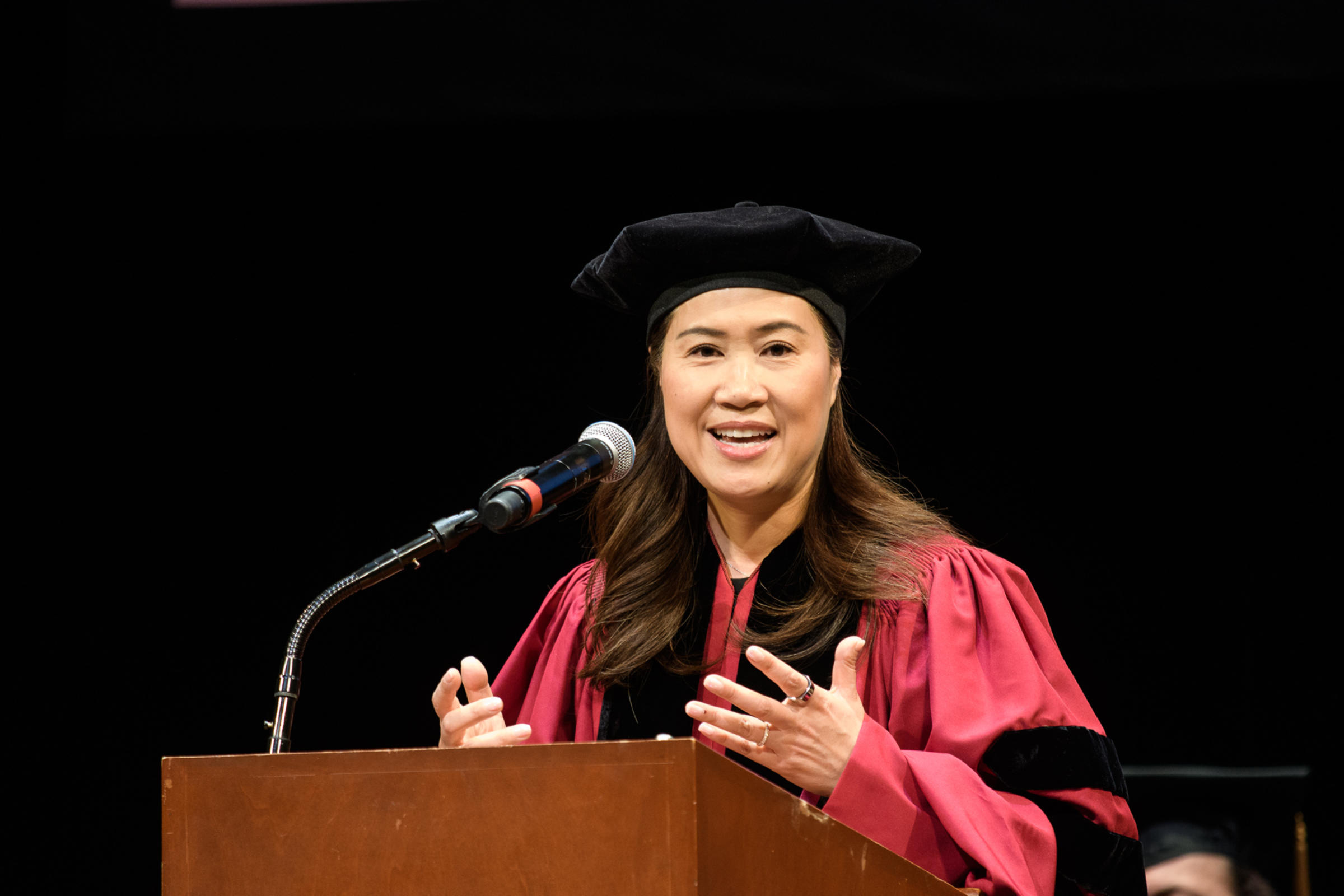 Pam Cheng address the undergraduate class at their 2023 Commencement Keynote speaker