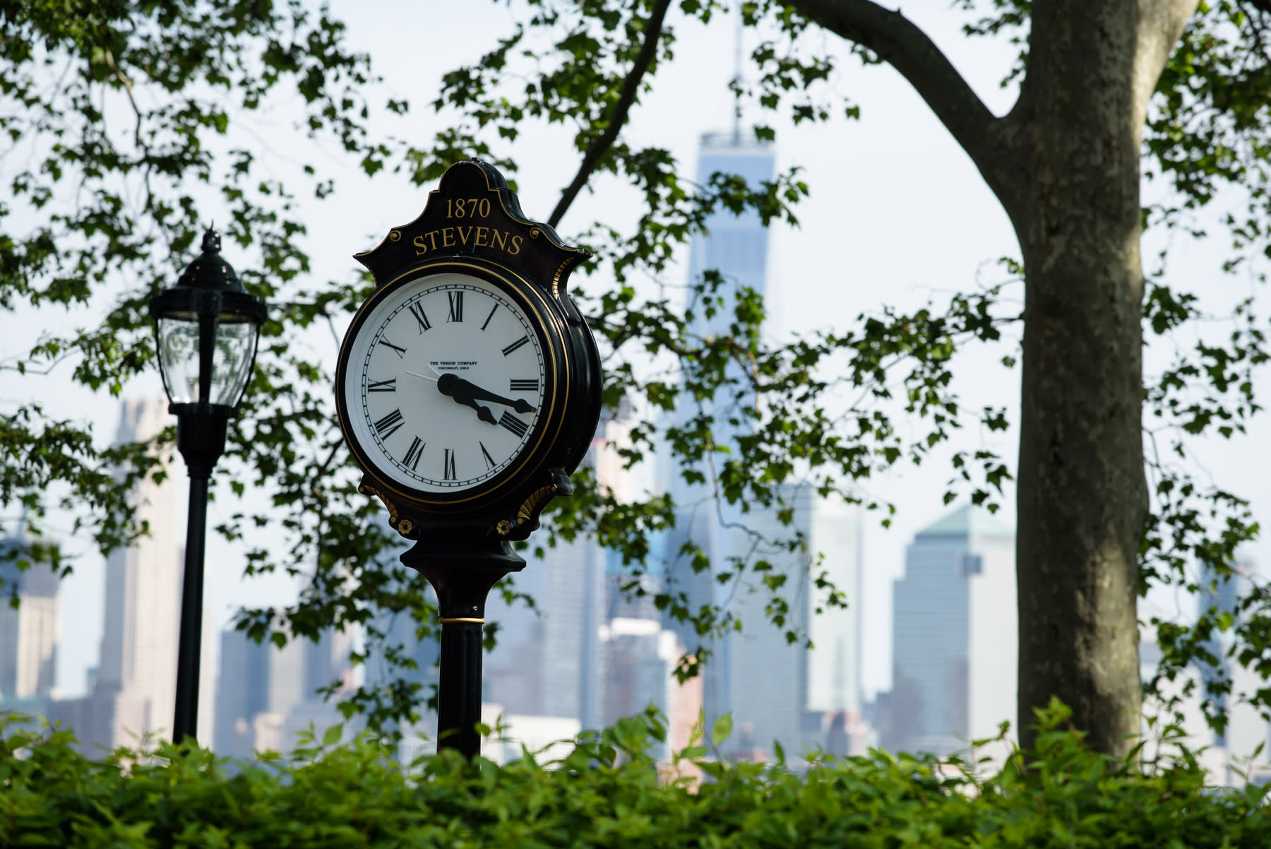 Stevens clock facing the Freedom Tower.
