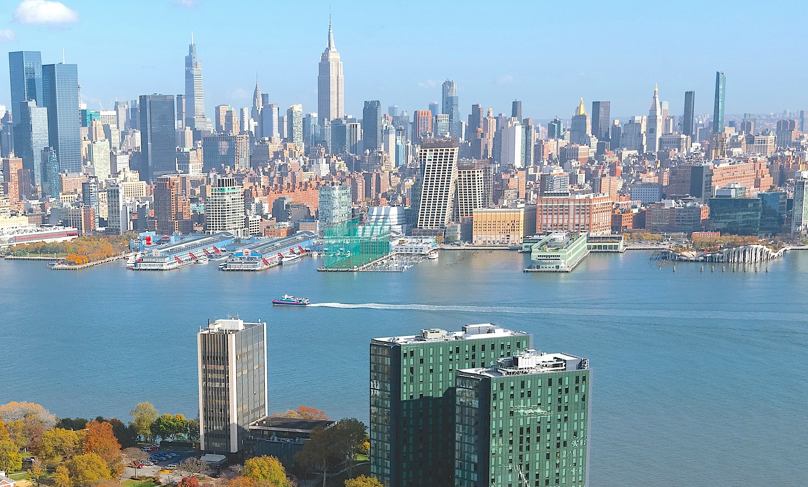 aerial view of Stevens campus and NYC skyline across Hudson River