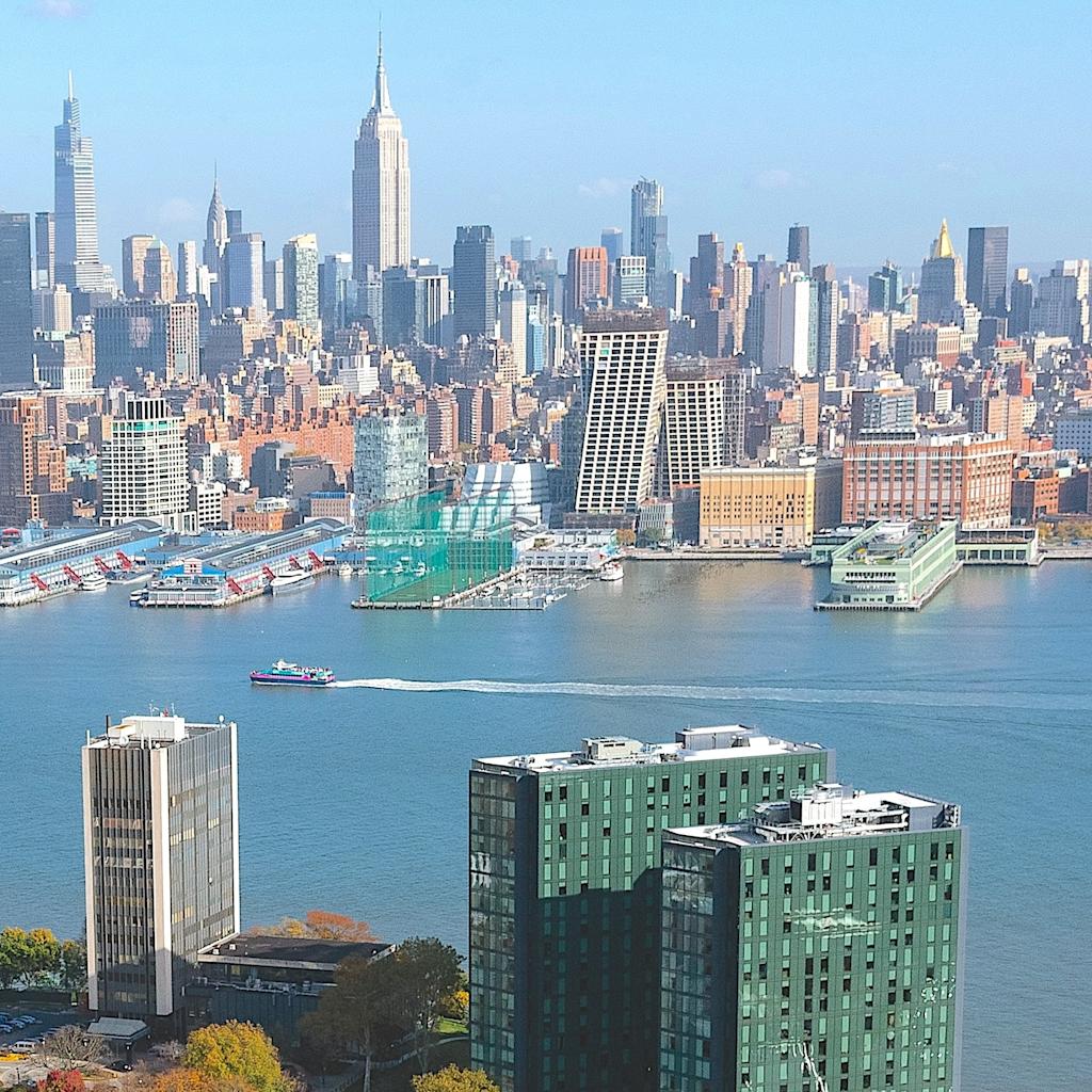 aerial view of Stevens campus and NYC skyline across Hudson River
