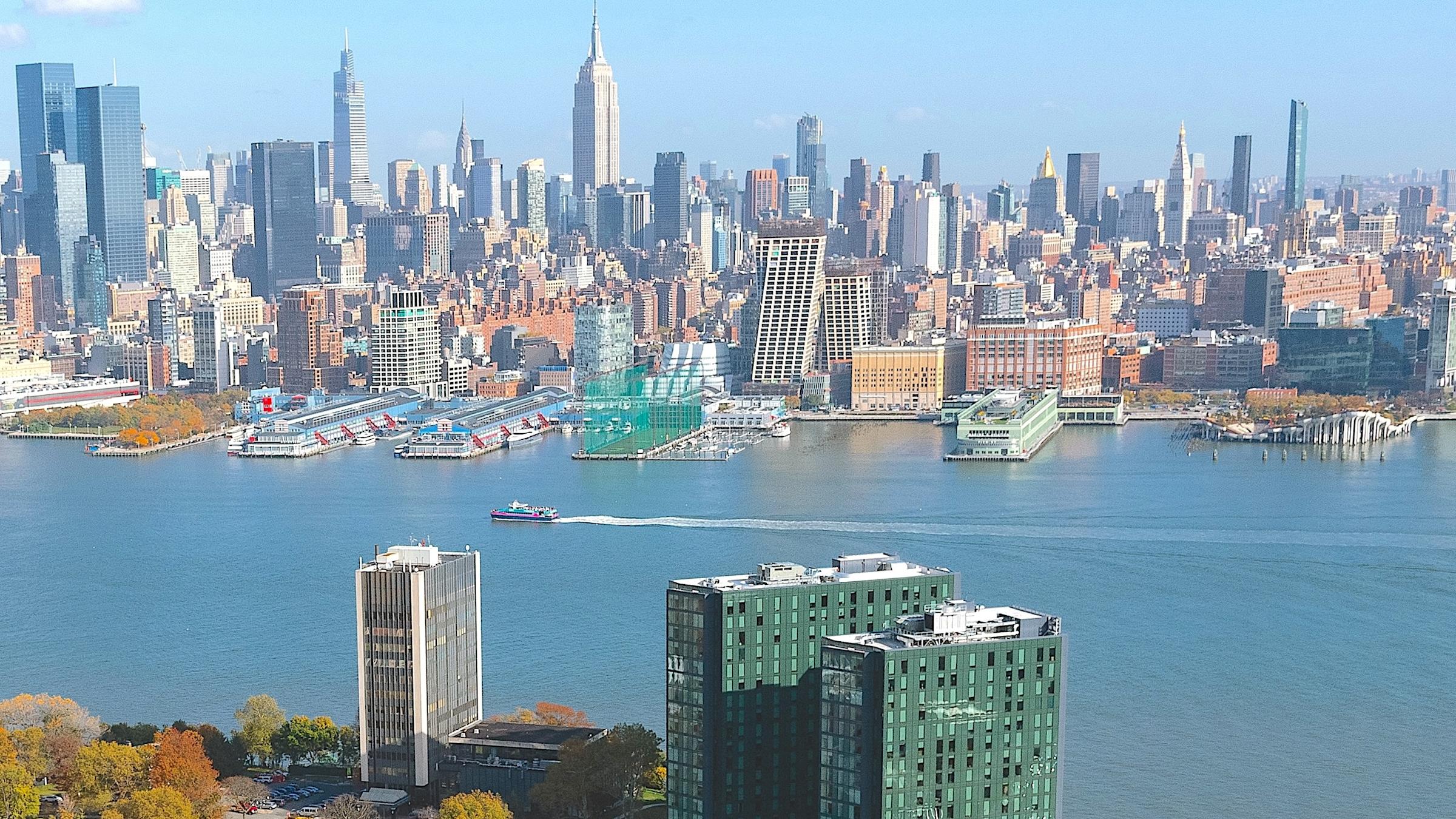 aerial view of Stevens campus and NYC skyline across Hudson River