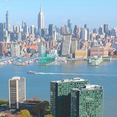 aerial view of Stevens campus and NYC skyline across Hudson River