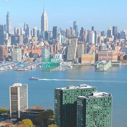 aerial view of Stevens campus and NYC skyline across Hudson River
