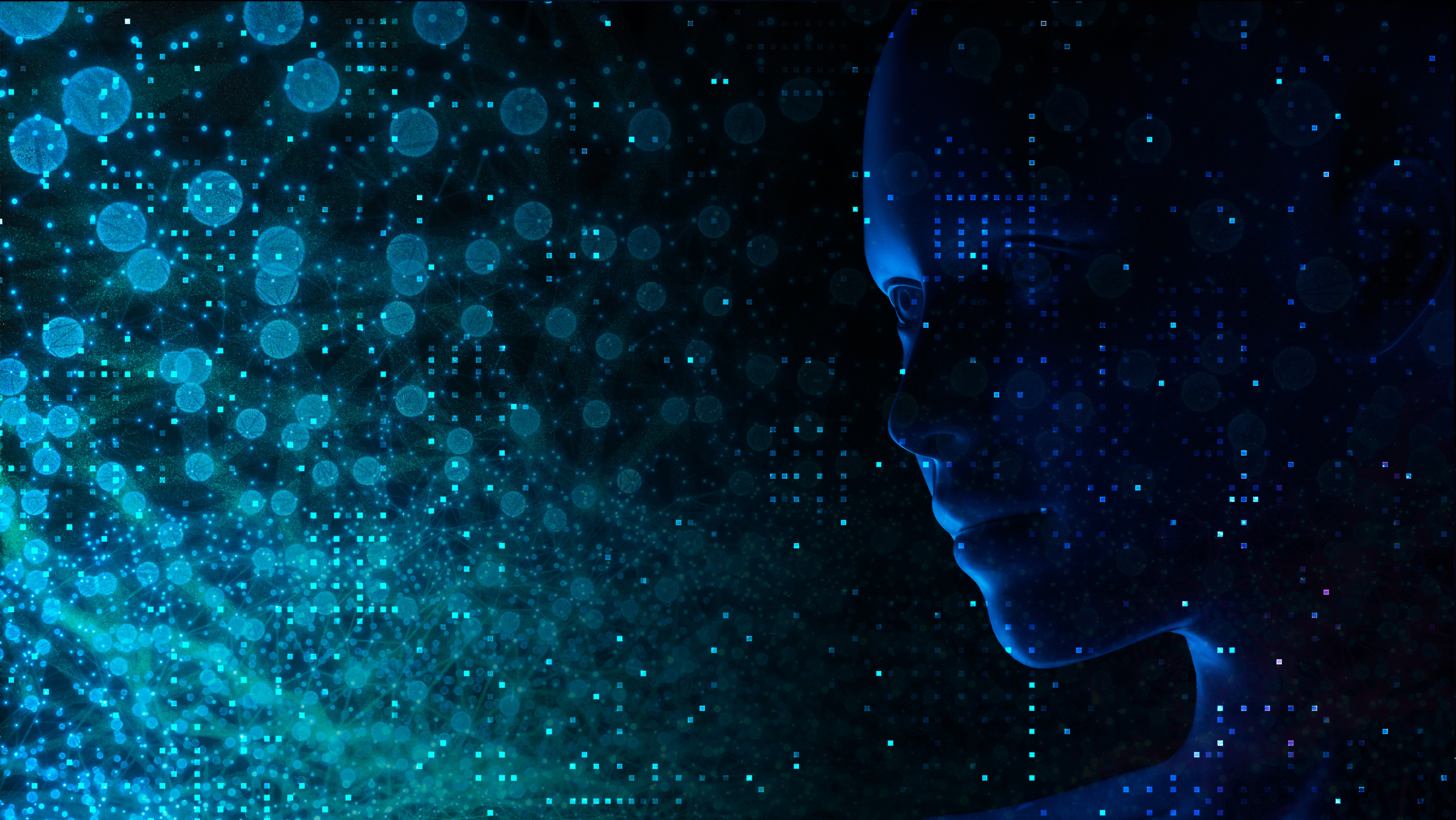The face of an artificial human on the right, half in shadow, looks toward a neural network with a bokeh effect applied. The whole image is in shades of black, blue, and teal, and overlaid with a scattering of small squares lit at different levels.