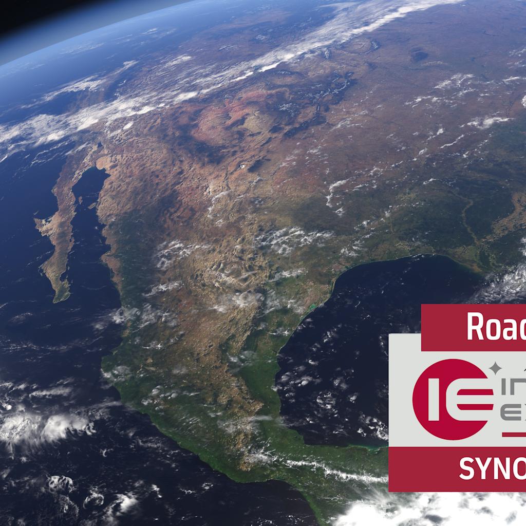 A satellite view of Earth from space with cloud formations and deep blue ocean. The Stevens Institute of Technology School of Business logo appears in the upper left, with "Road to Innovation Expo 2026 " branding in the lower right corner.