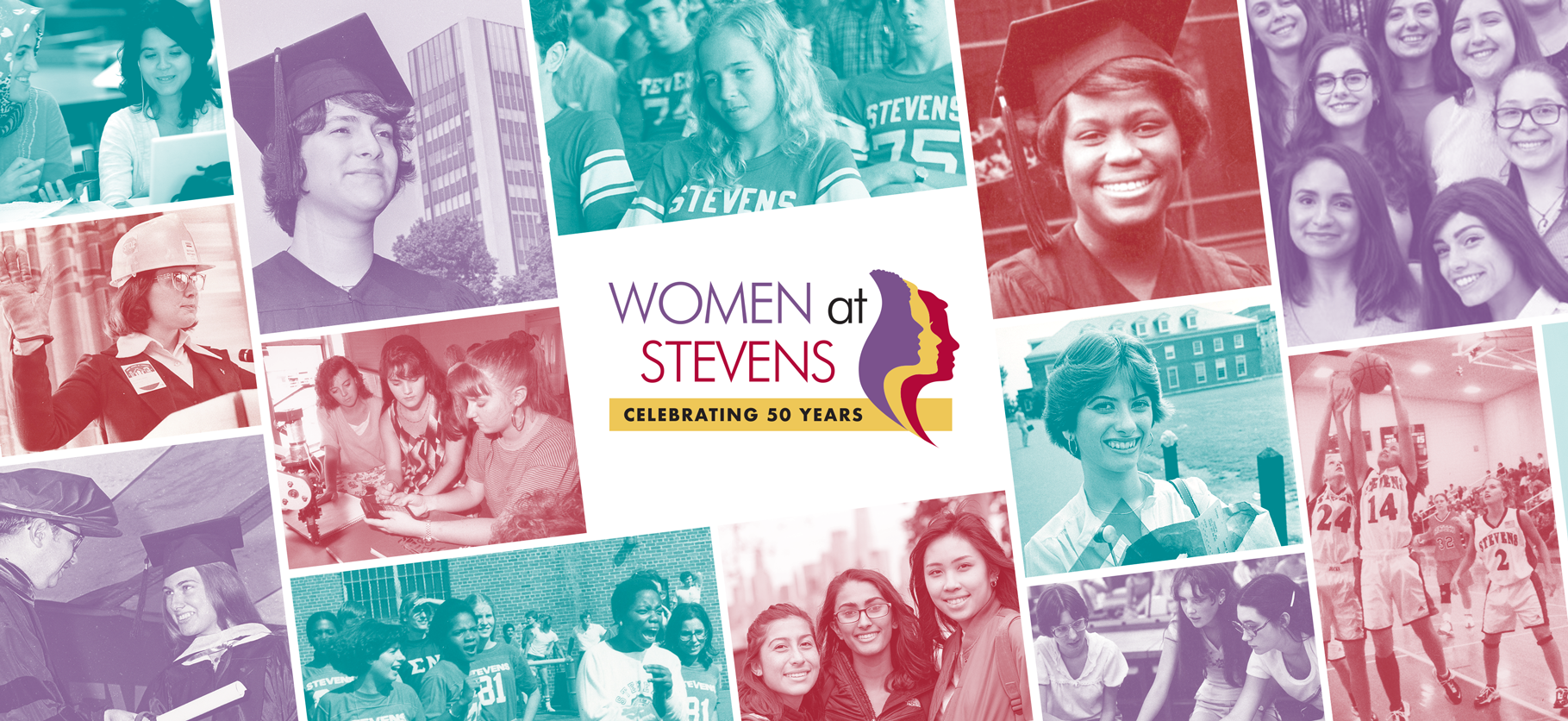 decorative photo collage of women with a logo in the center that says 50 years of women at Stevens