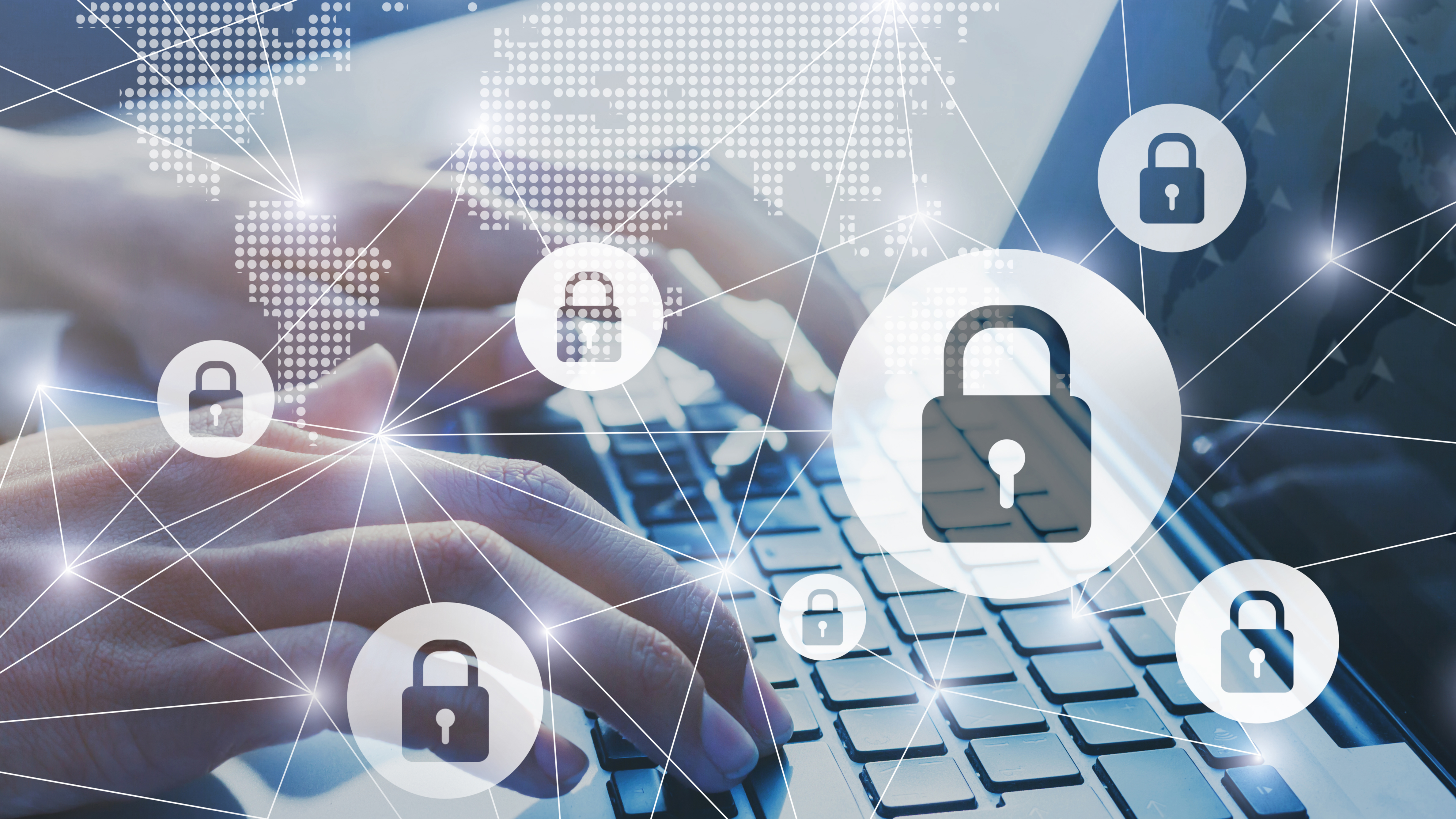Hands at keyboard and images of locks to illustrate security