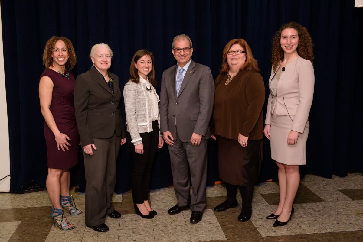 (left to right) Laura Dorival Paglione '90, Martha Connolly '75 M.S. '75, Suzanne D’Addio '07, Stevens President Nariman Farvardin, Mary Anne Cannon '86 and Olivia Schreiber '18 