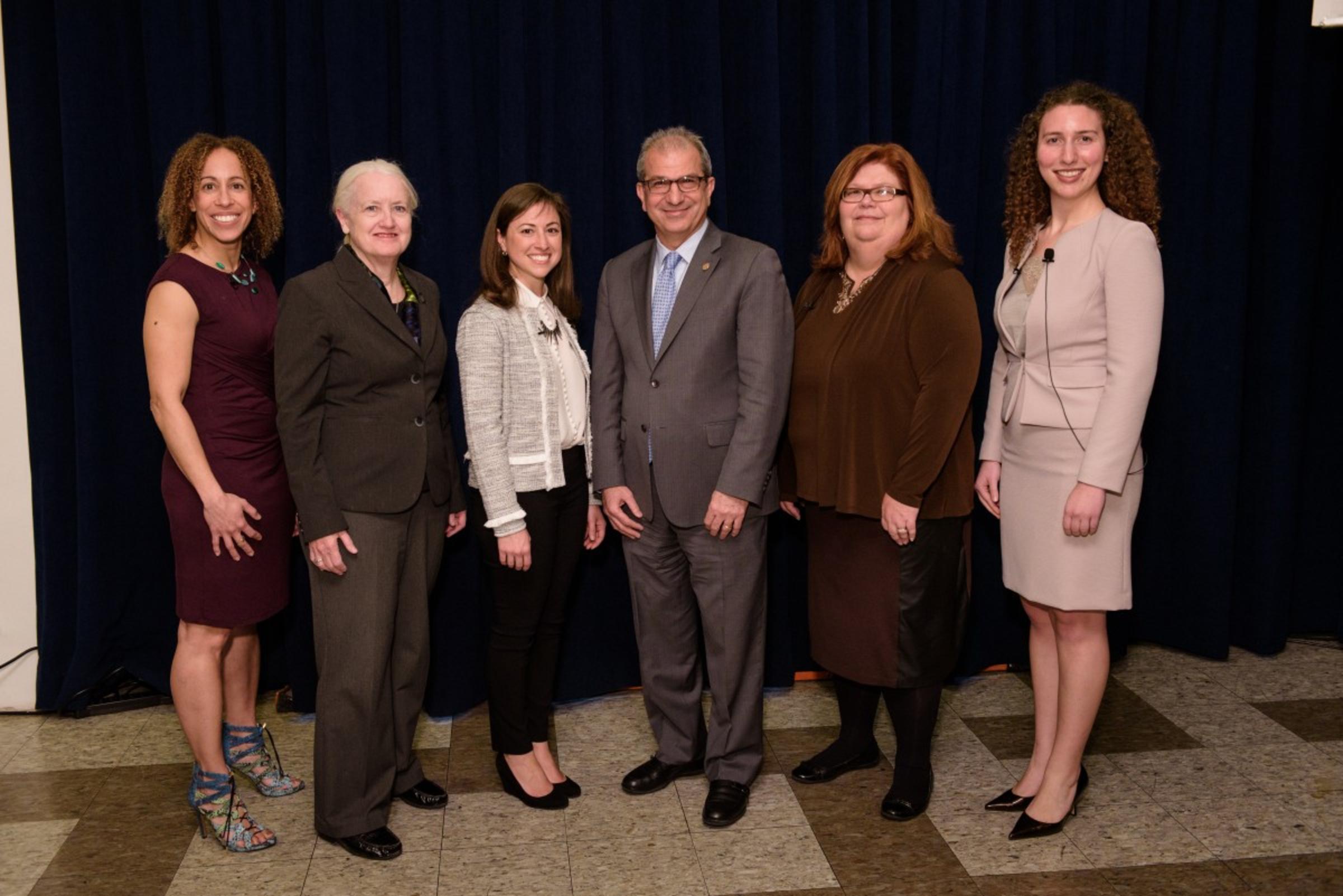 (left to right) Laura Dorival Paglione '90, Martha Connolly '75 M.S. '75, Suzanne D’Addio '07, Stevens President Nariman Farvardin, Mary Anne Cannon '86 and Olivia Schreiber '18