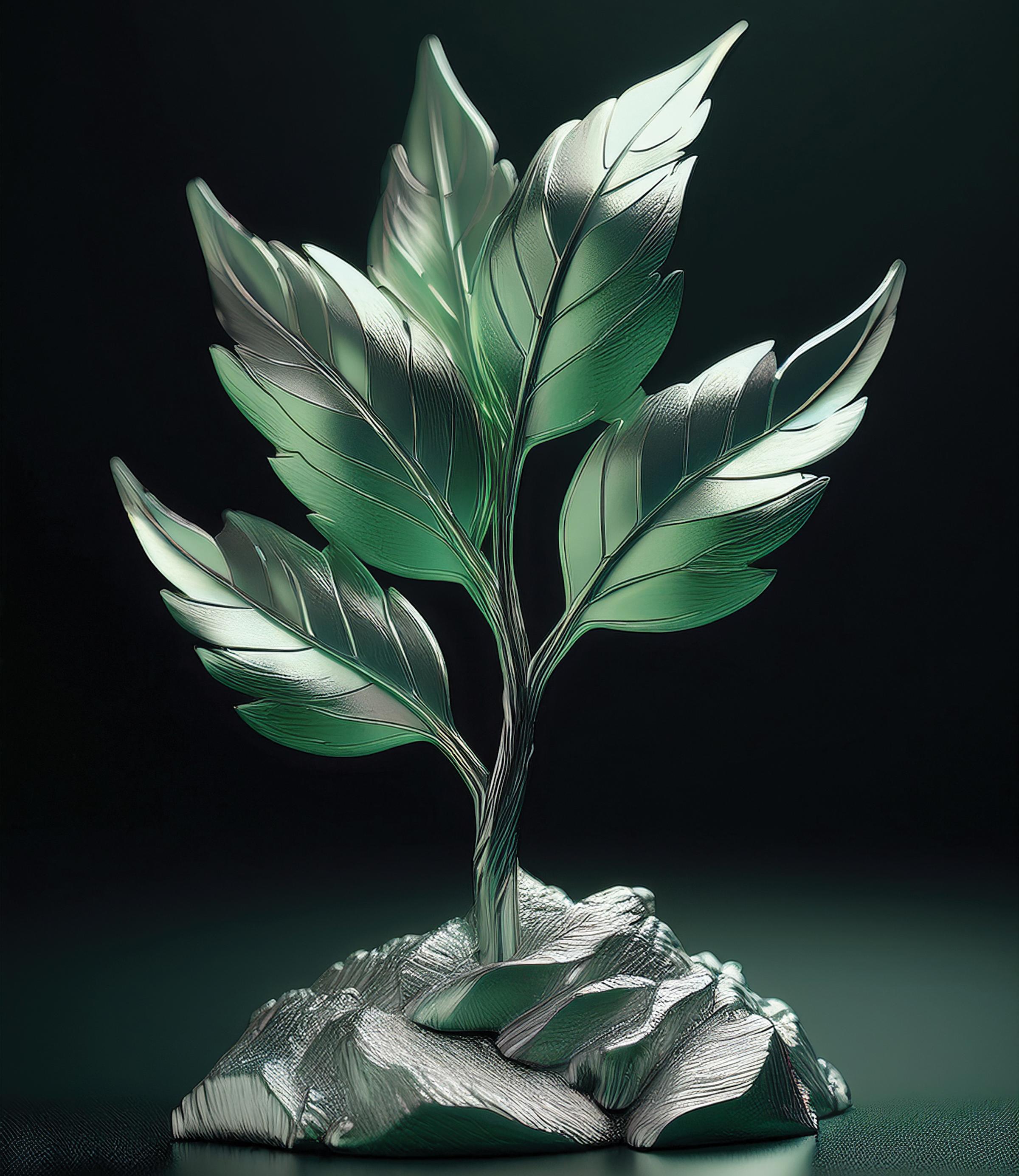 Metallic colored leaves rising from a rock.