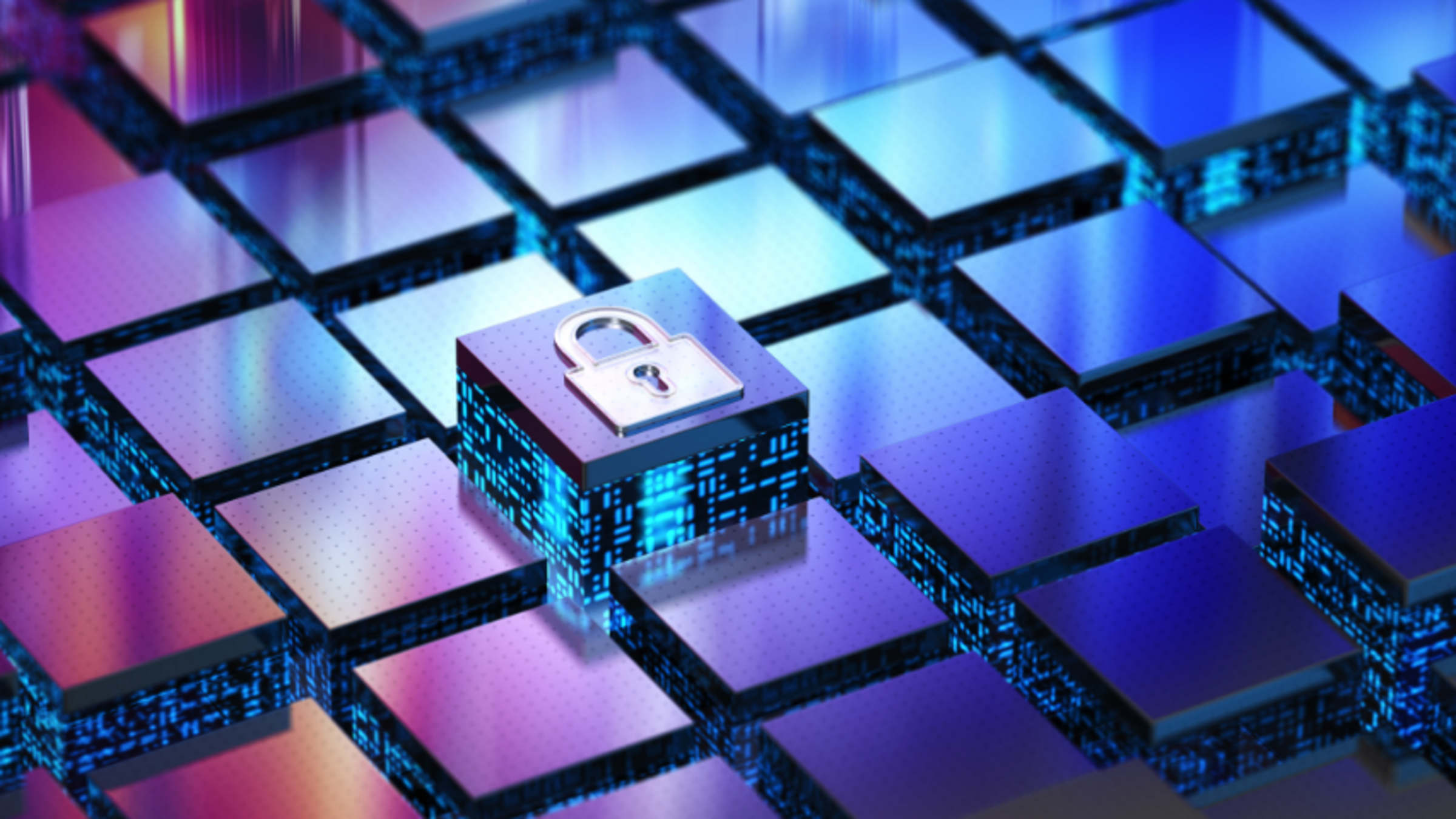 A 3D render of Cybersecurity showing a grid of servers with a lock insignia on one of them.
