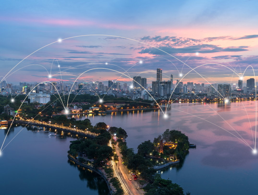 Smart city and wireless communication network concept. Digital network connection lines of Hanoi city at West Lake or Ho Tay.