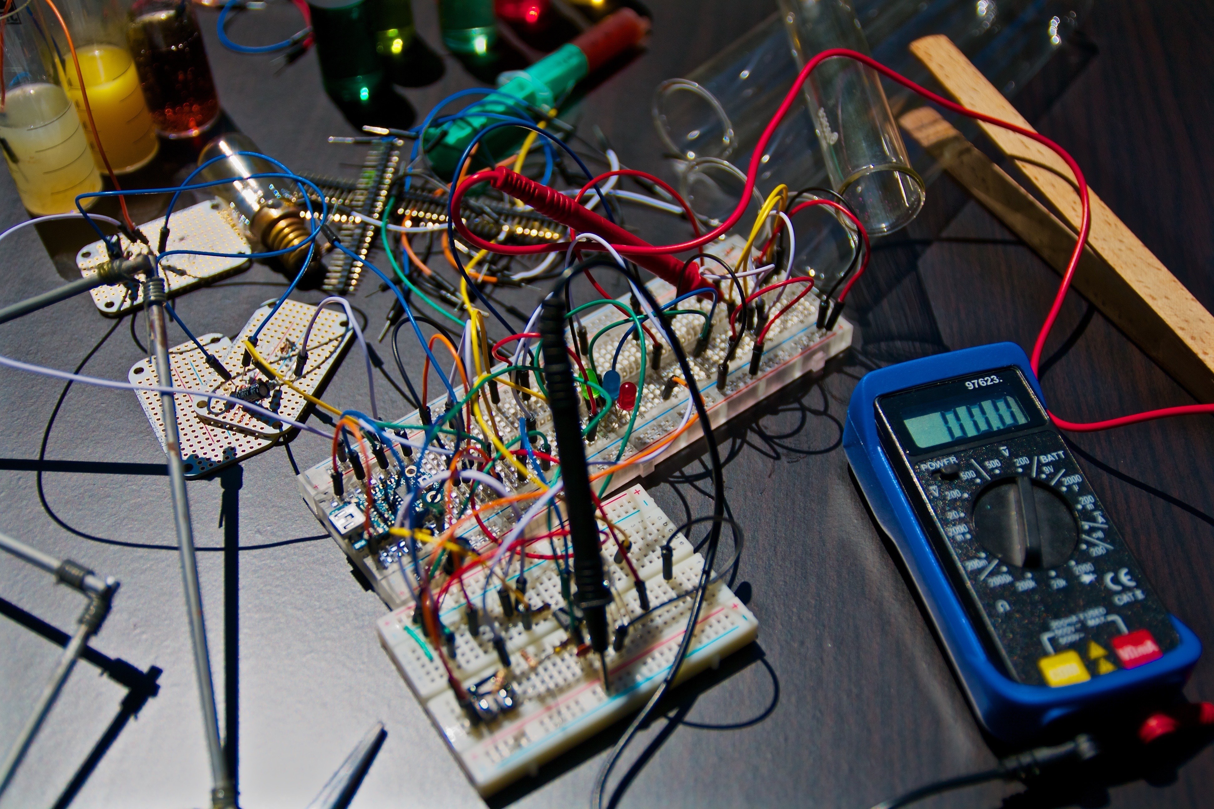 Wires and circuitry on a table