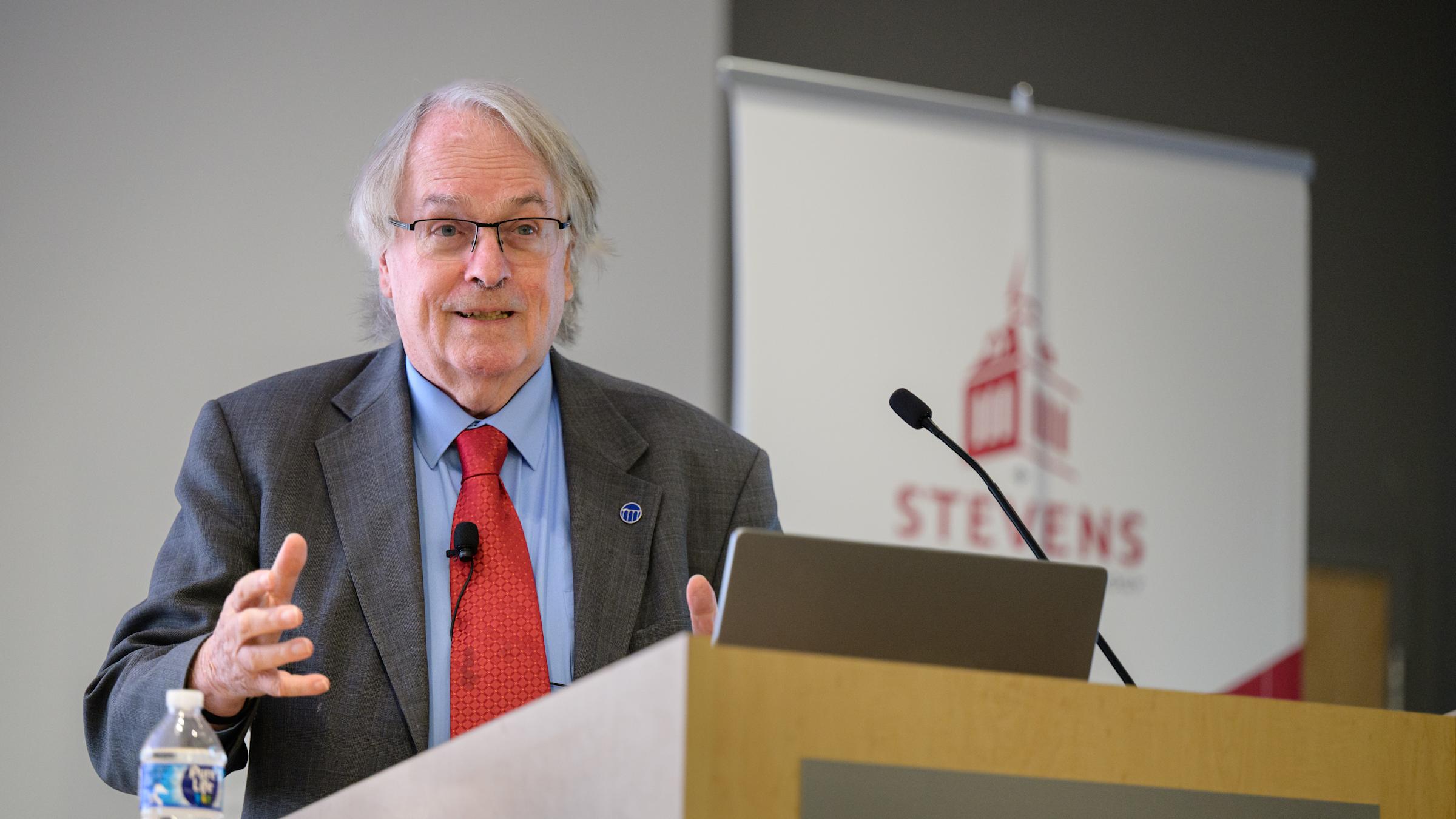 Nobel Laureate M. Stanley Whittingham on stage at Stevens in Fall 2025