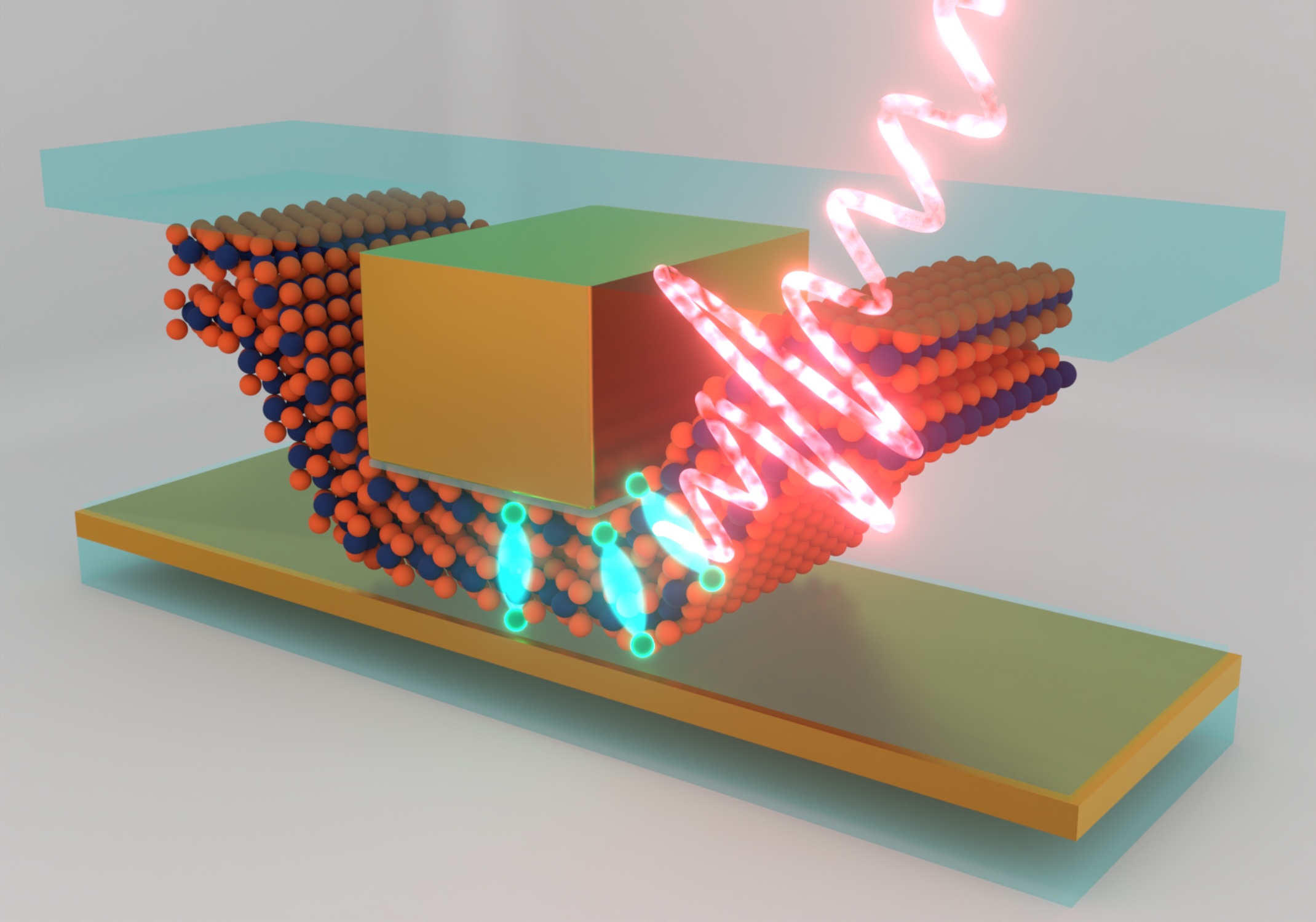 A graphic with a gold cube surrounded by red dots and bright pink wavelengths.