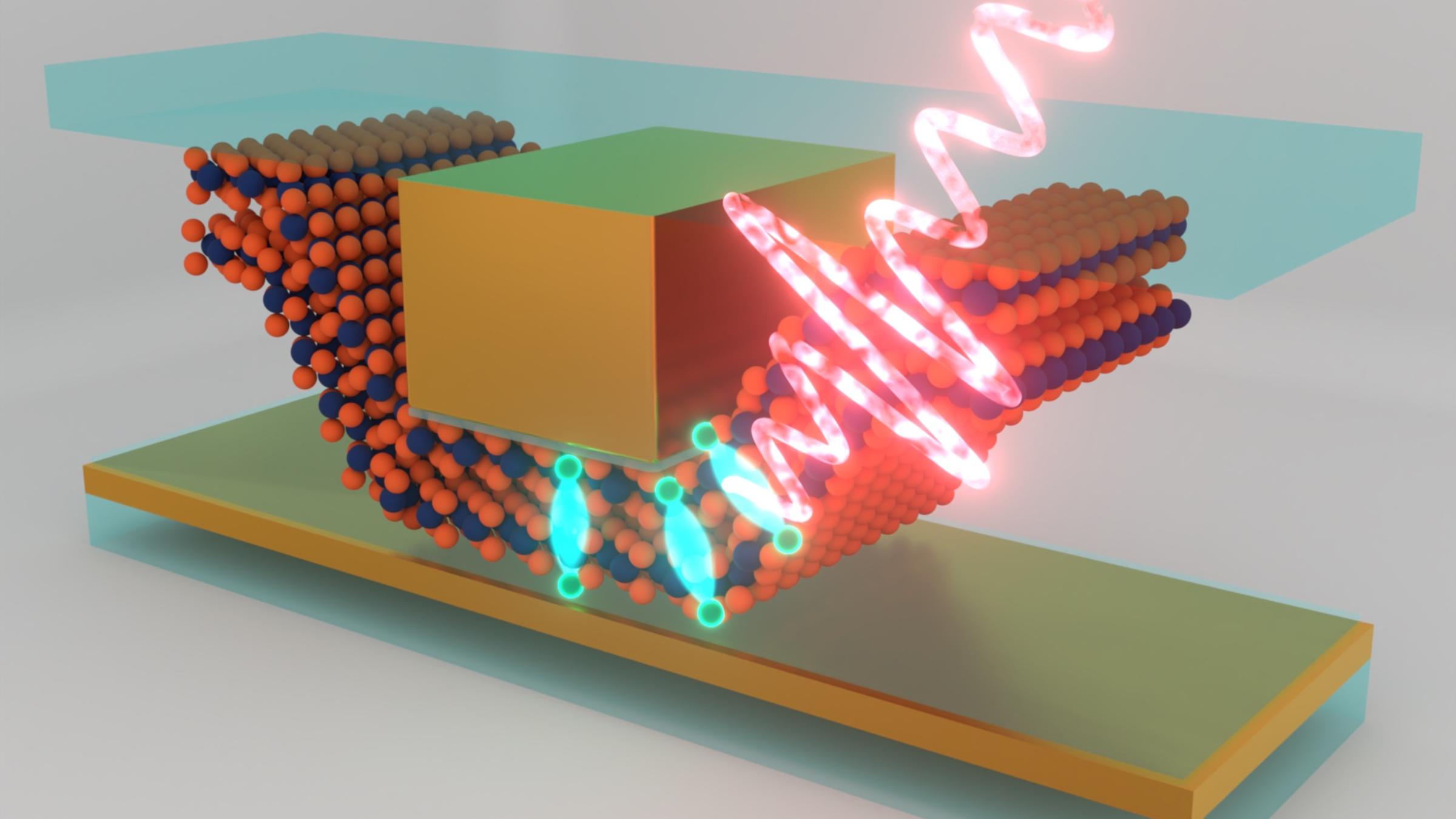 A graphic with a gold cube surrounded by red dots and bright pink wavelengths.