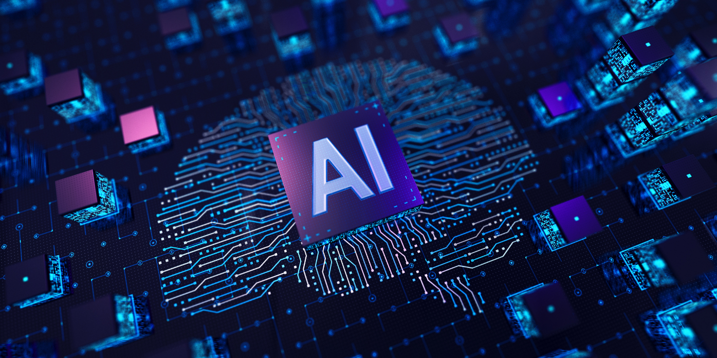 Abstract image of computer code with an AI chip at the center.