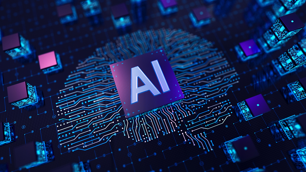 Abstract image of computer code with an AI chip at the center.