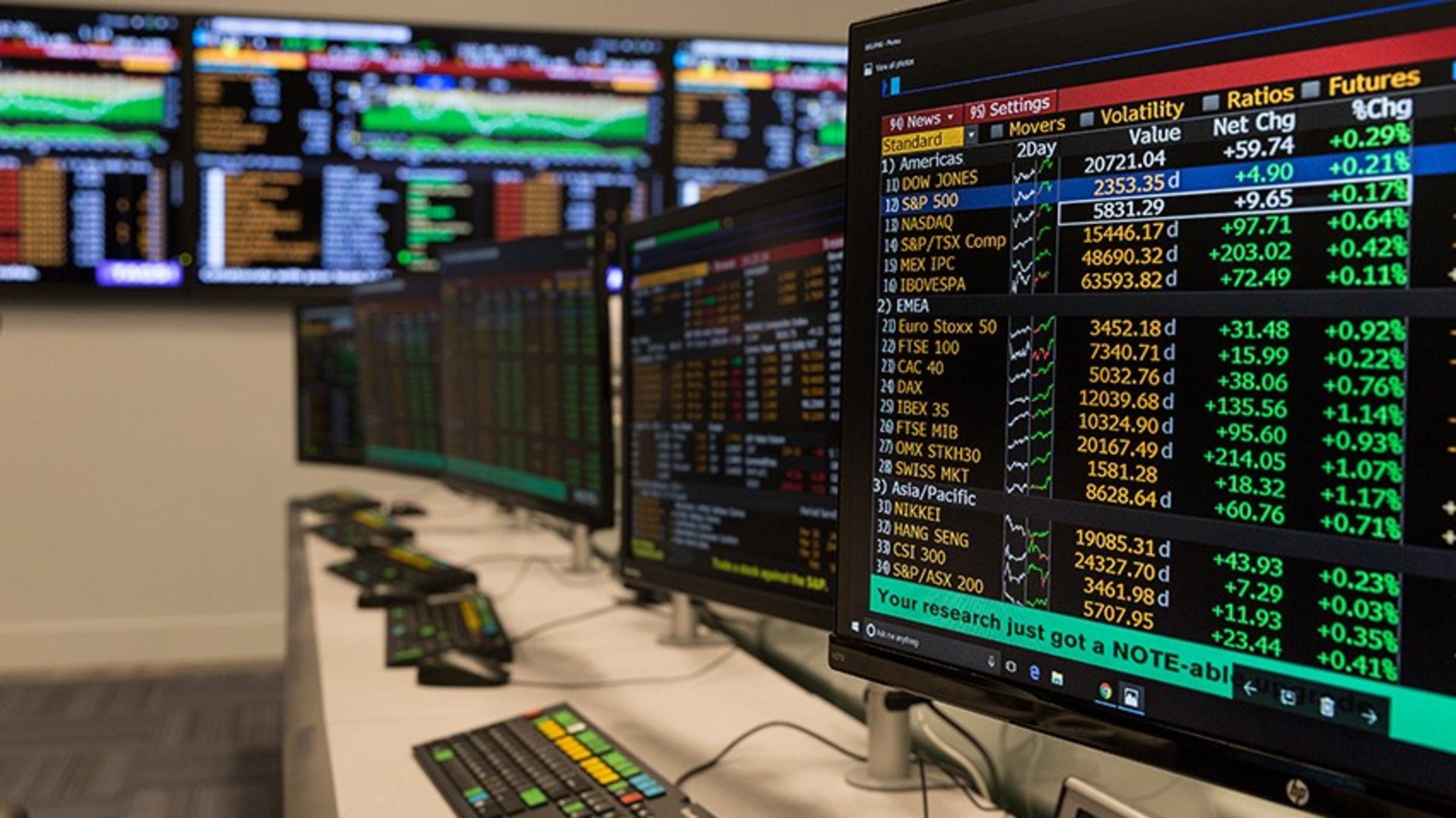 Screens showing financial data in the Hanlon Financial Systems Lab.